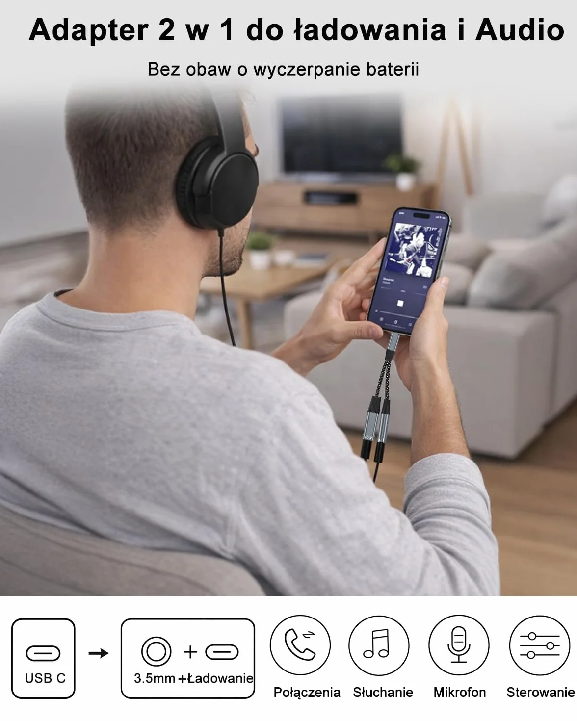 Adapter 2 w 1 USB C na gniazdo 3,5 mm, adapter typu C na gniazdo 3,5 mm i rozdzielacz szybkiego ładowania 60 W, złącze Aux USB C to 3.5 dla iPhone 17 16 15 Pro, Sumsung S24/S23/S22/S21, Pixel 9 8 7