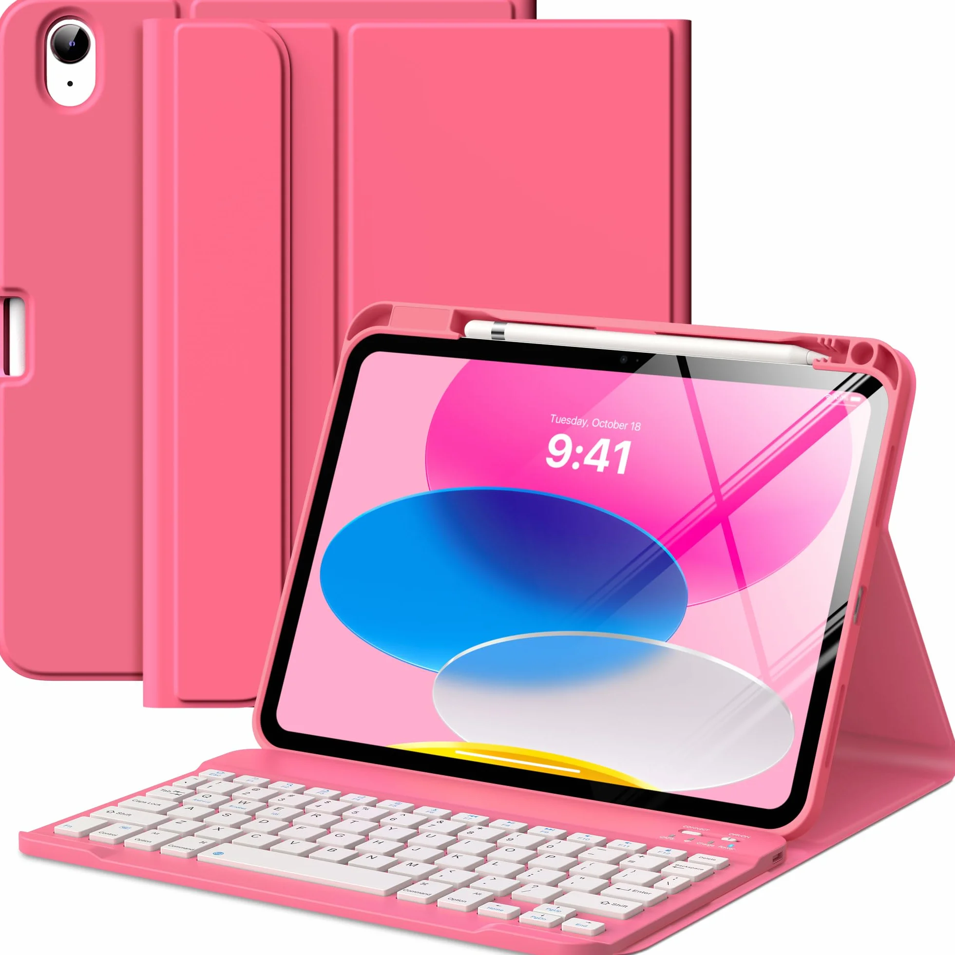 MoKo for iPad (A16) 11th Generation Case with Keyboard 11 inch 2025, iPad 10th Generation 10.9 inch Keyboard Case with Pencil Holder, Multi-Angle Detachable Bluetooth Keyboard, Pink