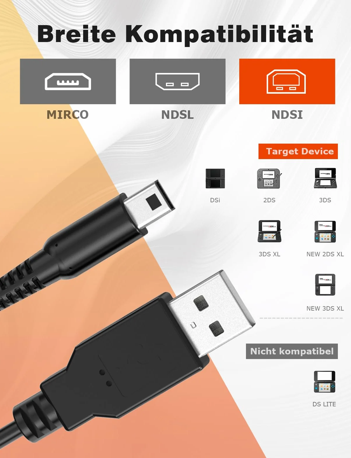 Kabel ładujący Mellbree, kompatybilny z konsolami Nintendo 3DS / 3DSXL / DS/DSI/2DS / 2DS XL, 1A, czarny, 1,2 metra (1)