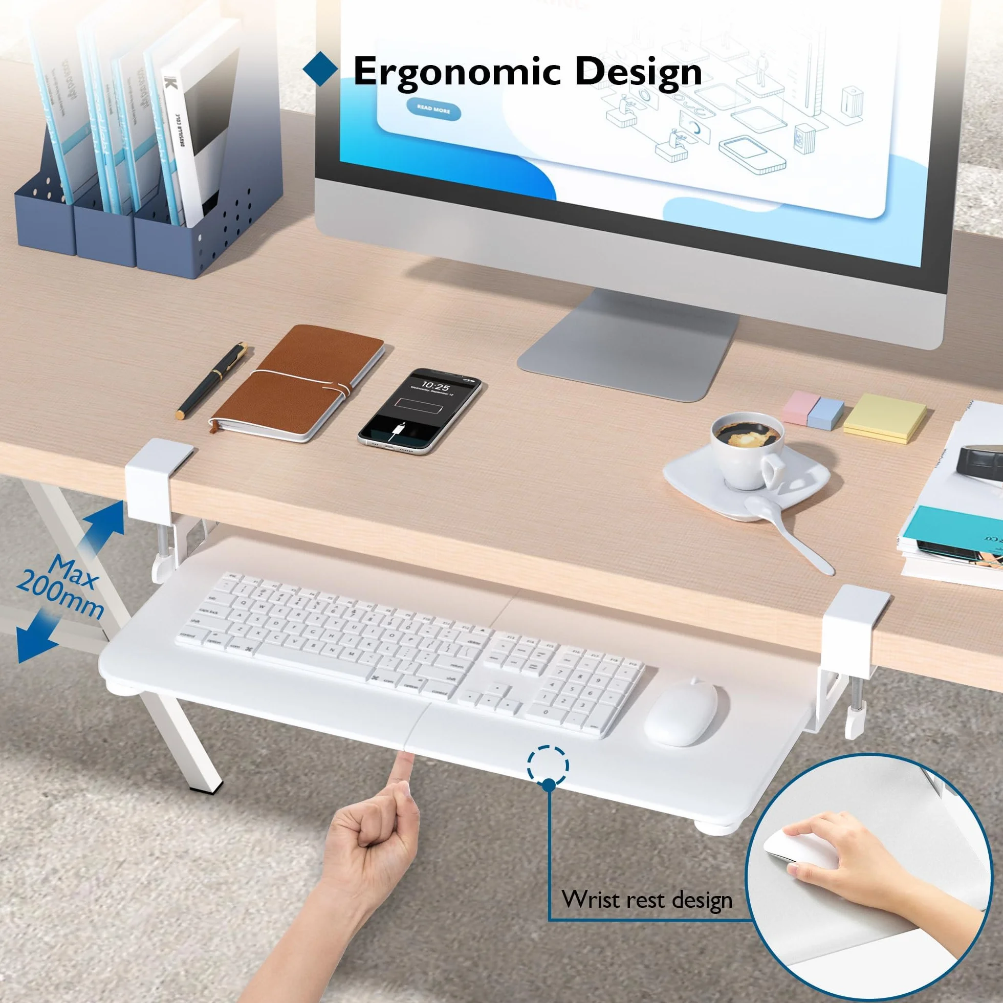 BONTEC Wysuwana Półka Pod Klawiaturę Pod Biurko z Zaciskiem C, Ergonomiczna Szuflada 650x300 mm