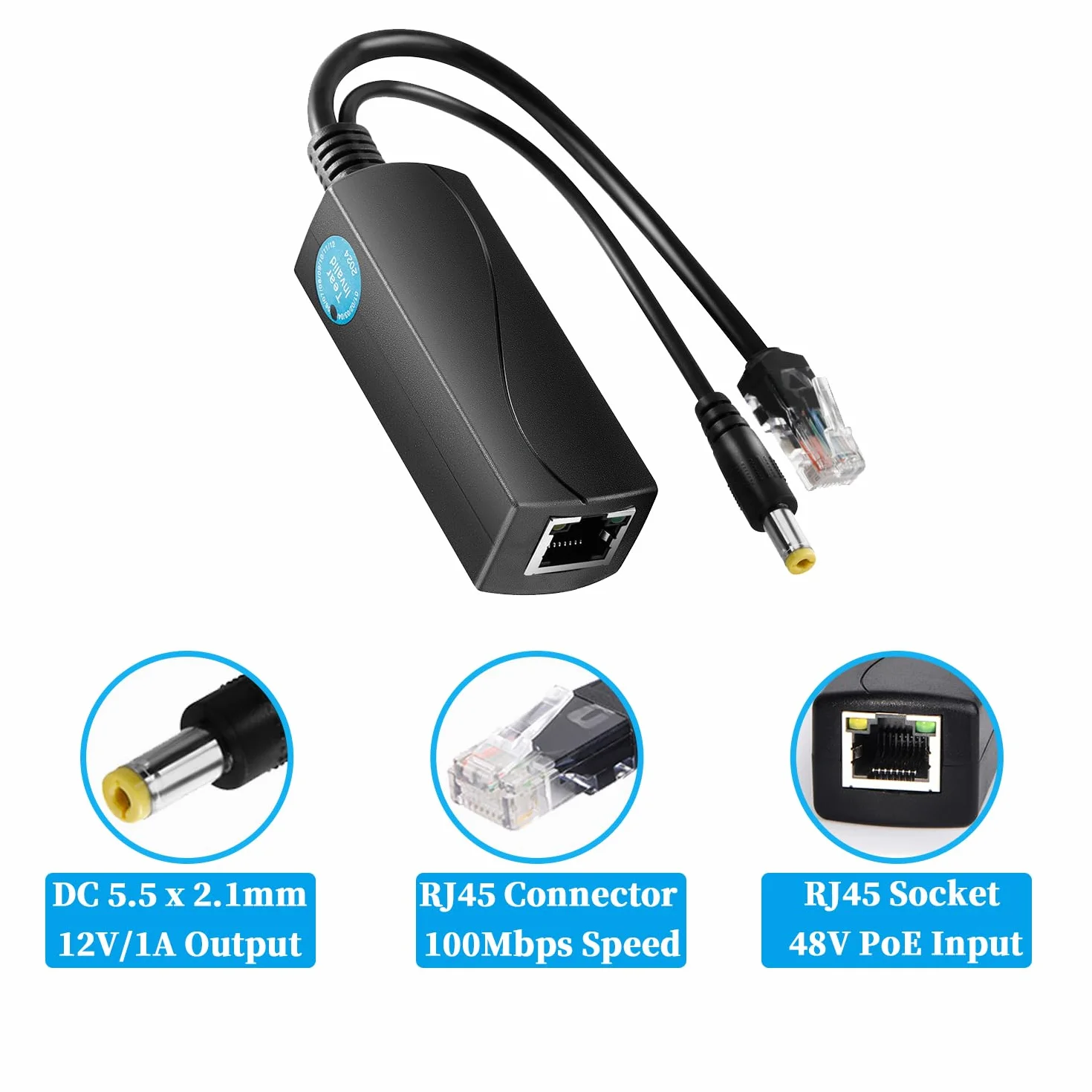 Revotech Aktywny rozdzielacz PoE 12 V/1 A, wtyczka DC 5,5 x 2,1 mm, 48 V PoE na DC 12 V/1 A, wyjście 10/100 Mbps, kompatybilny z IEEE802.3af/at, adapter PoE do kamery IP bez PoE (PS5712P)