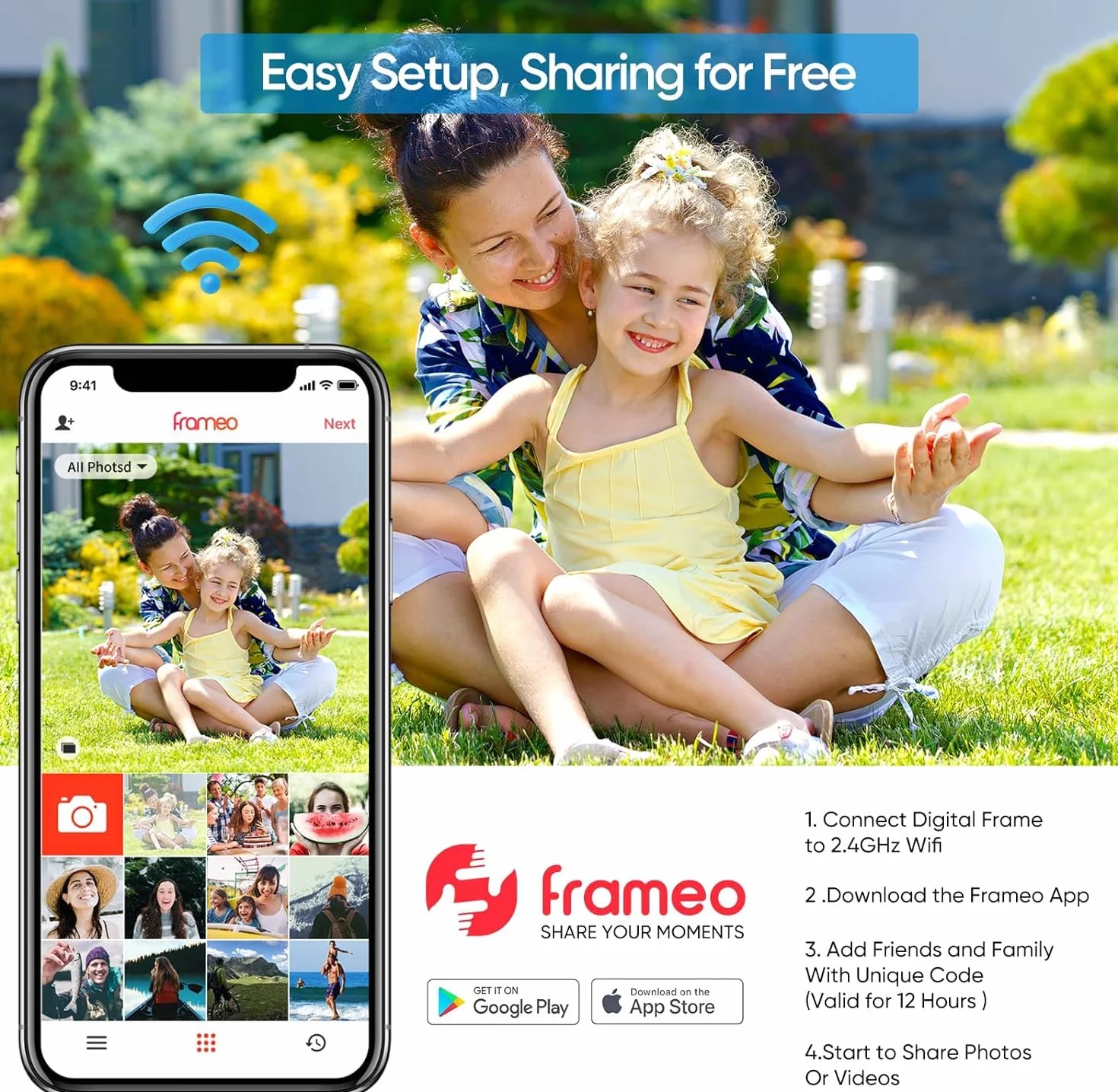 ARZOPA Cyfrowa Ramka na Zdjęcia WiFi 10,1 Cala 32 GB HD IPS Ekran dotykowy Cyfrowa ramka na zdjęcia Auto Obracanie Udostępnianie Zdjęć Filmy Muzyka przez App Frameo Kalendarz Zegar Pogoda
