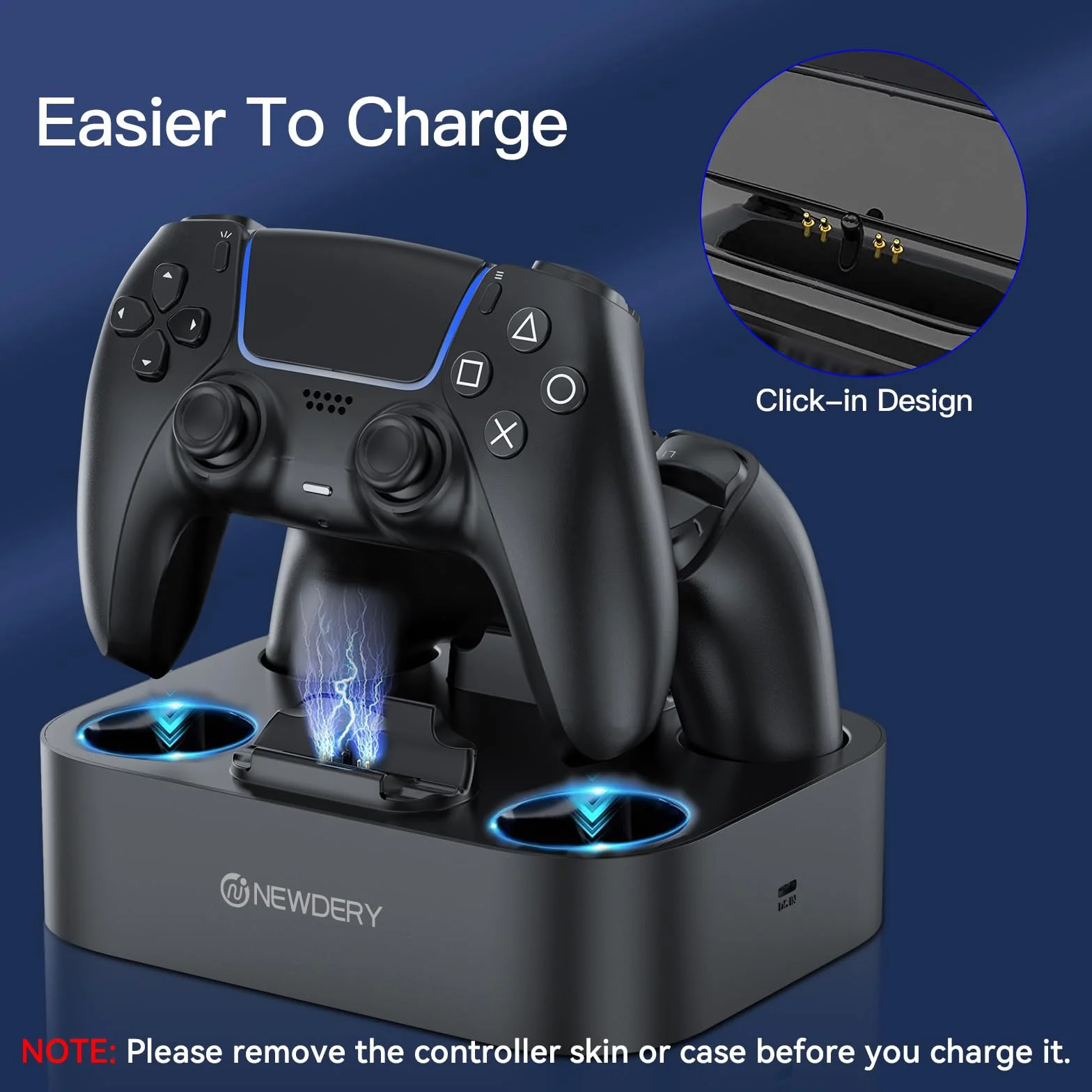 NEWDERY PS5 kontroler stacja ładująca szybka ładowarka kontrolery PlayStadion 5 Dual Sense Stand z podświetlanymi wskaźnikami LED/szybkie ładowanie/ładowarka Tri-Protection