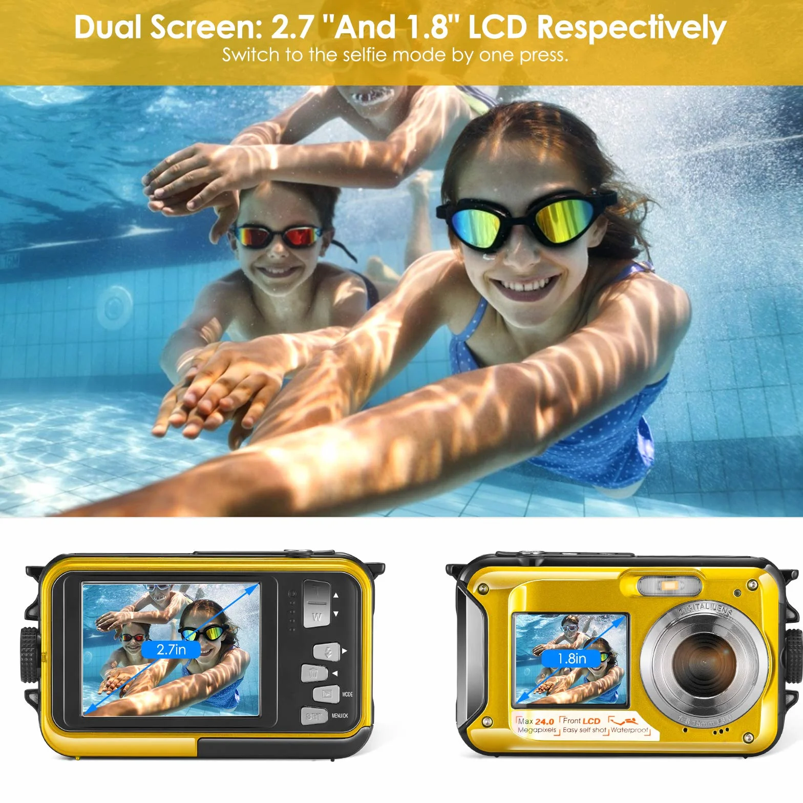 Aomdom Full HD 2,7K 48MP wodoodporna kamera do nurkowania z zoomem cyfrowym 16 x wodoodporna kamera z podwójnym ekranem Sport Camera z opóźniającym mikrofonem LED