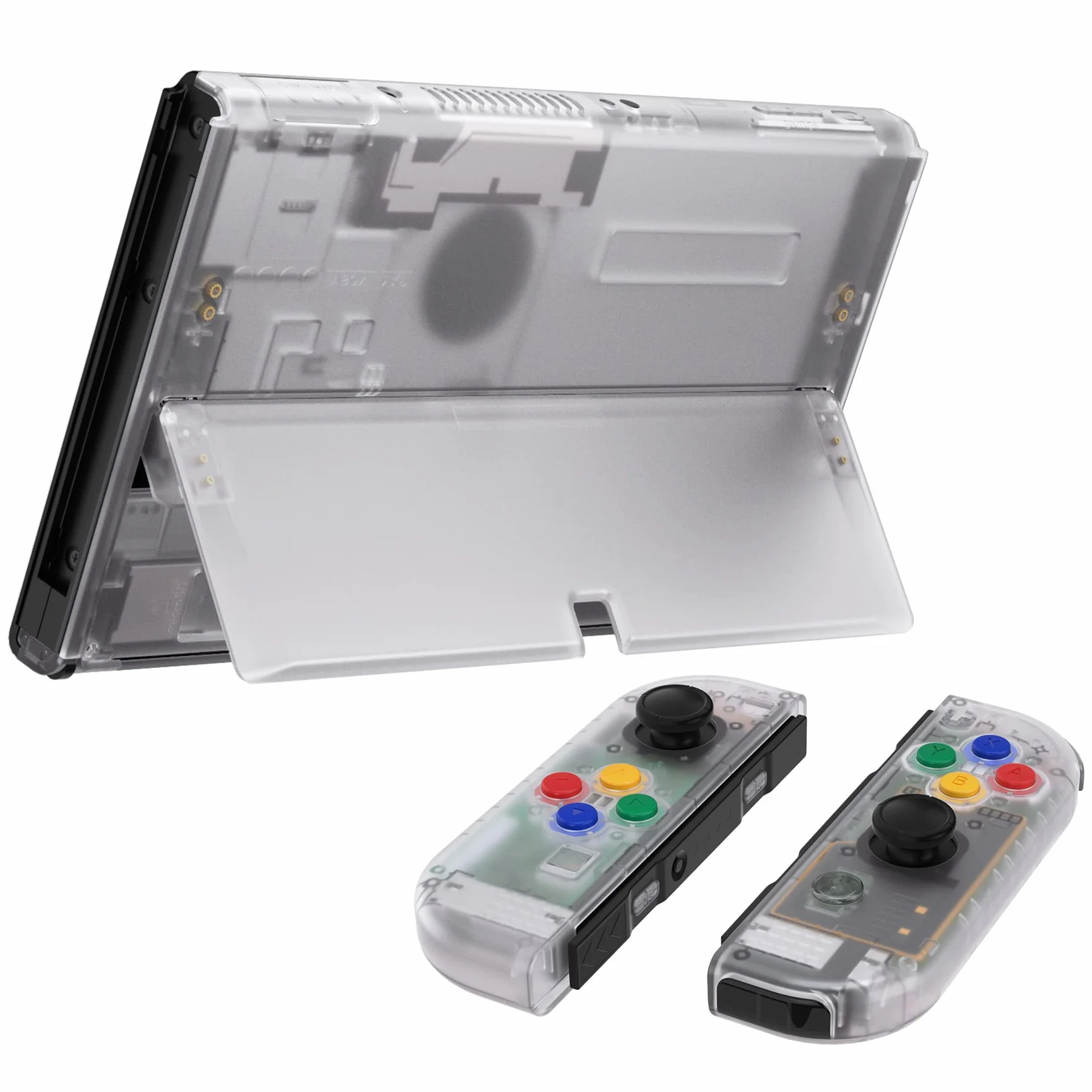 eXtremeRate Jasne Custom Full Set Shell dla Nintendo Switch OLED, Wymienna Płyta Tylna Konsoli & Podpórka, Z Kolorowymi Przyciskami dla NS Joycon