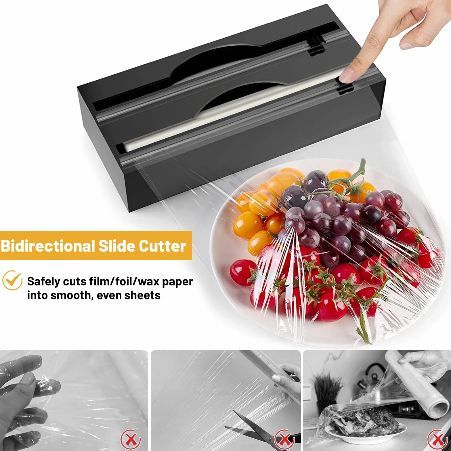 DBREAKS Akrylowy dozownik folii spożywczej, czarny dozownik folii spożywczej, aluminiowy organizer papieru, krajalnica do folii spożywczej do szuflady kuchennej
