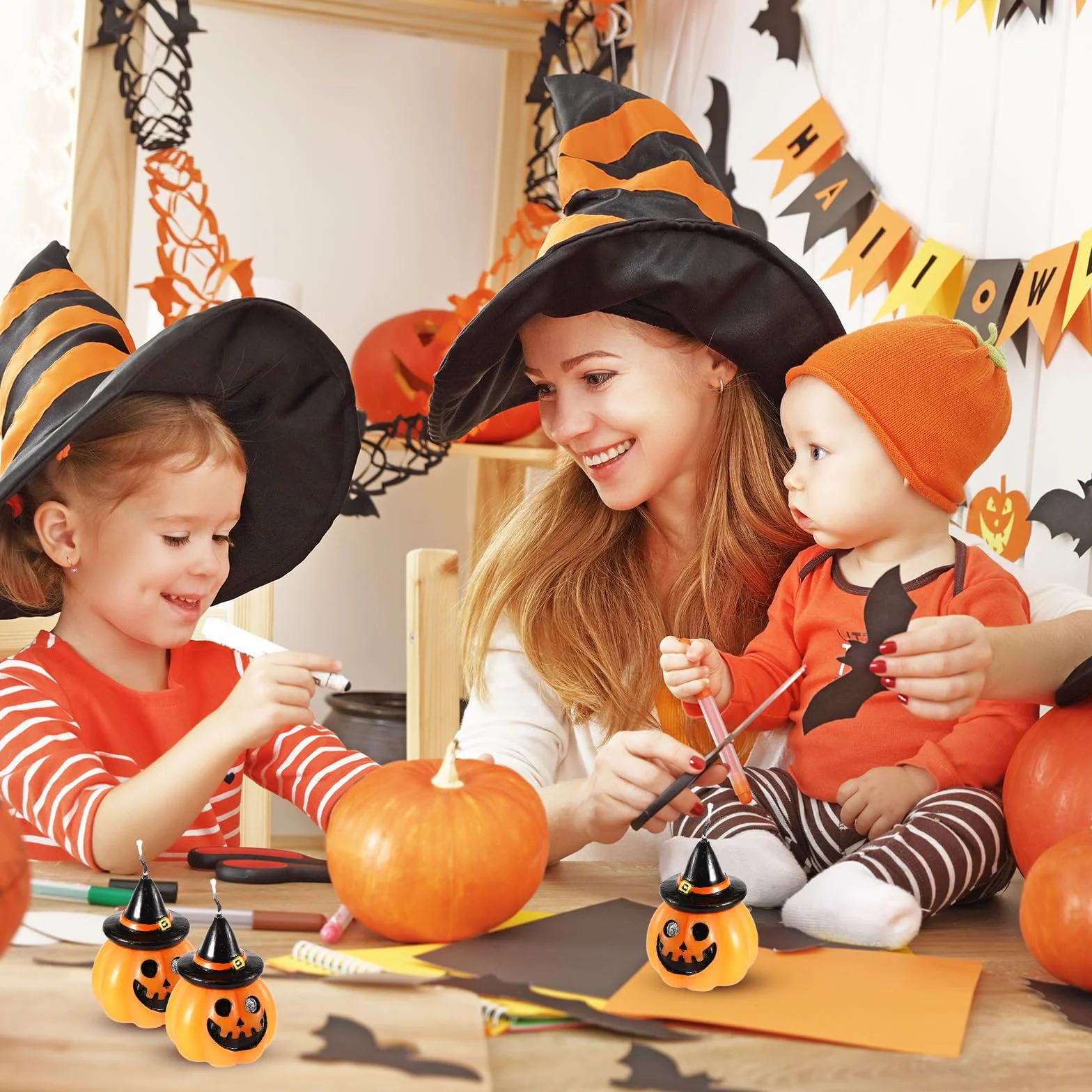 6 Szt. Swiece Dyniowe, Swiece na Halloween Slodkie Dynia Twarz Ducha z Kapeluszem Czarownicy Dekoracje na Wosk Mini Prezent Jesien Halloween Przyjecie Domowe Wystrój
