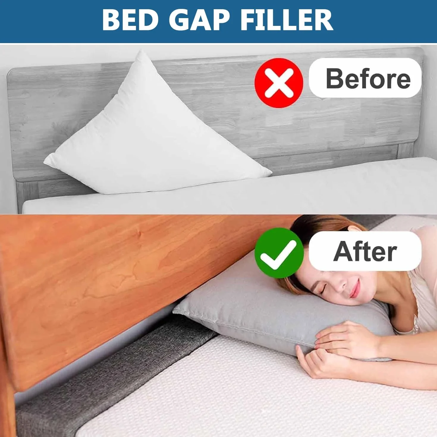 Bed Gap/Space Filler, Headboard Pillow Between Headboard and Mattress or Wall, High-Density Foam with Removable Cover(Light gray,180x10x30cm)