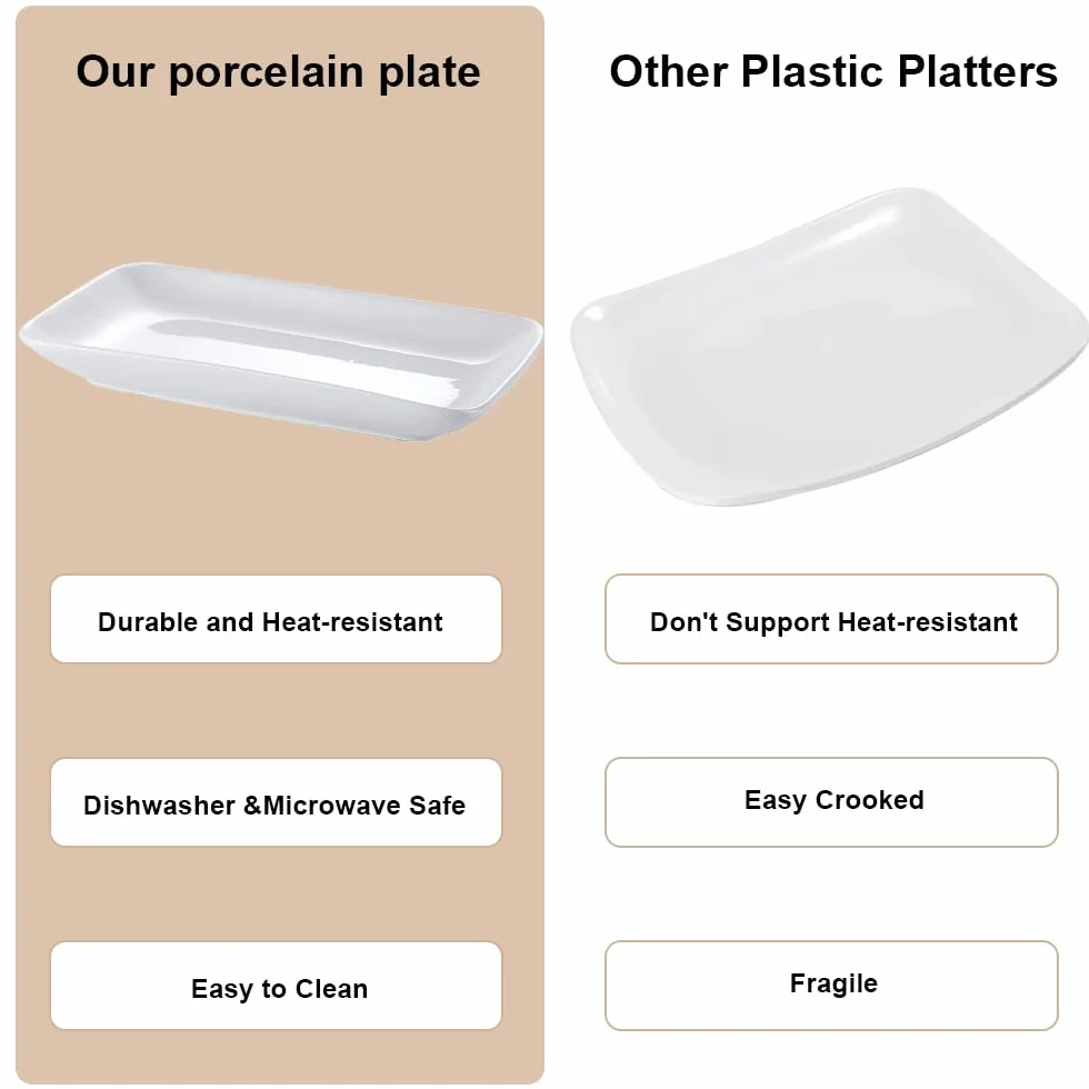 Porcelanowy półmisek do serwowania, zestaw 4 prostokątnych talerzy obiadowych, 24 x 15 x 3 cm, półmisek do serwowania, białe talerze ceramiczne, do bufetu, ciasta, sushi, przystawek | do domu