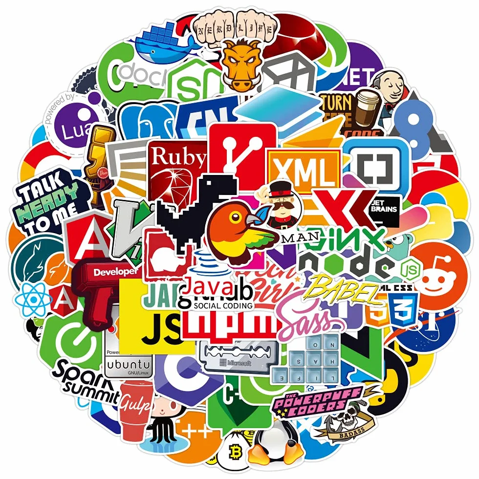 108 naklejek na laptopa dla programistów, języki programowania, zawiera naklejki: IT-Logo, C ++, Python, Linux, Swift, dla geeków, inżynierów, hackerów