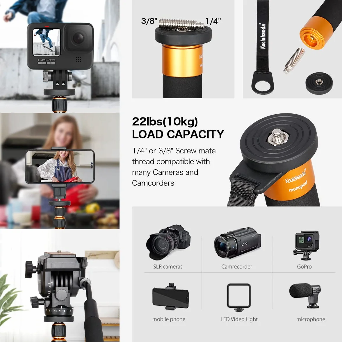 Koolehaoda Kamera monopod z metalową podstawą statywu, 6 sekcji regulowanej wysokości 46-177cm, średnica nogi Φ28 mm do kamery wideo DSLR Fotografia DV, maksymalne obciążenie 6 kg