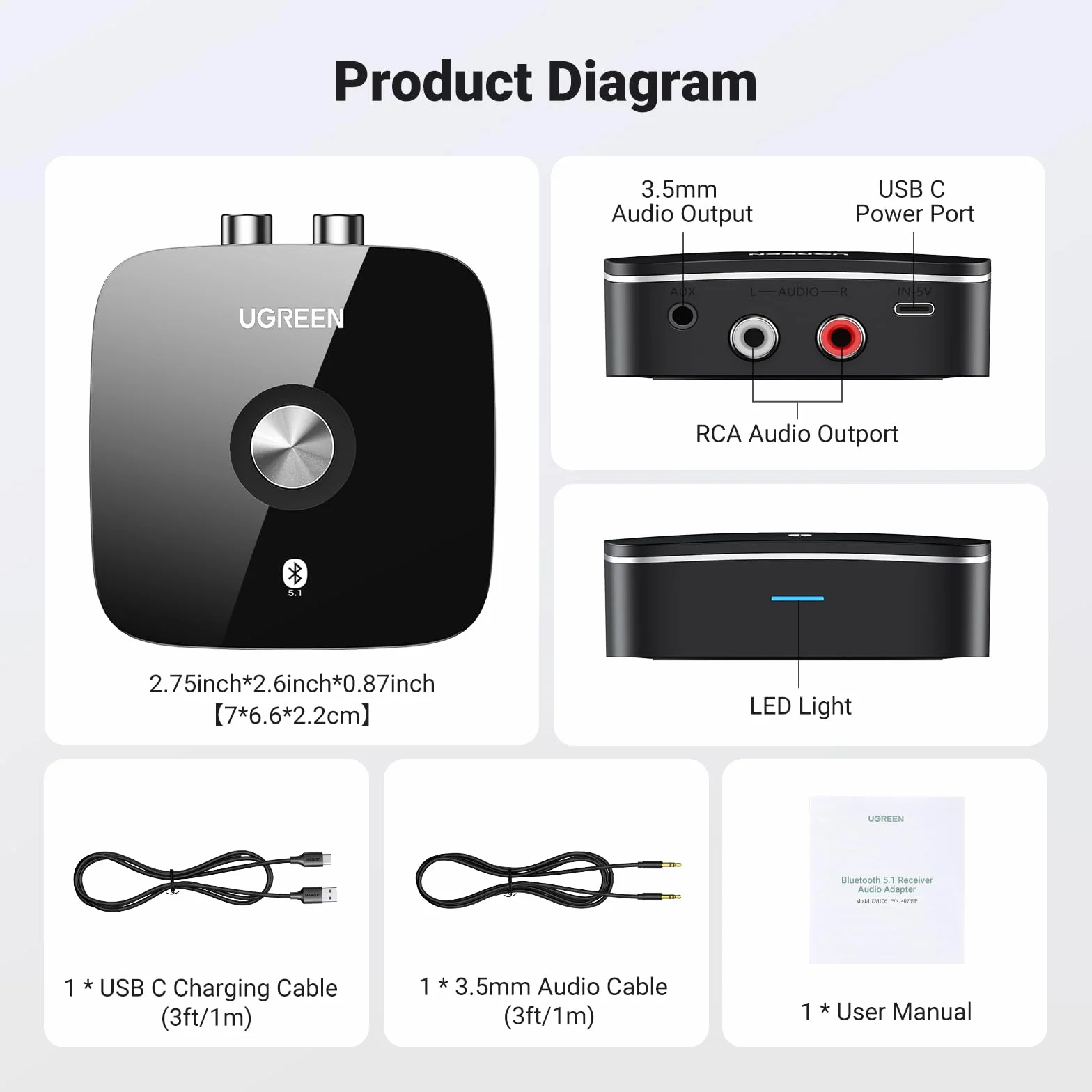 UGREEN Adapter audio Bluetooth 5.1 aptx HD do bezprzewodowego odbiornika stereo o niskim opóźnieniu z gniazdem Jack, podwójne parowanie z telefonem komórkowym, odbiornik HiFi Bluetooth do głośników