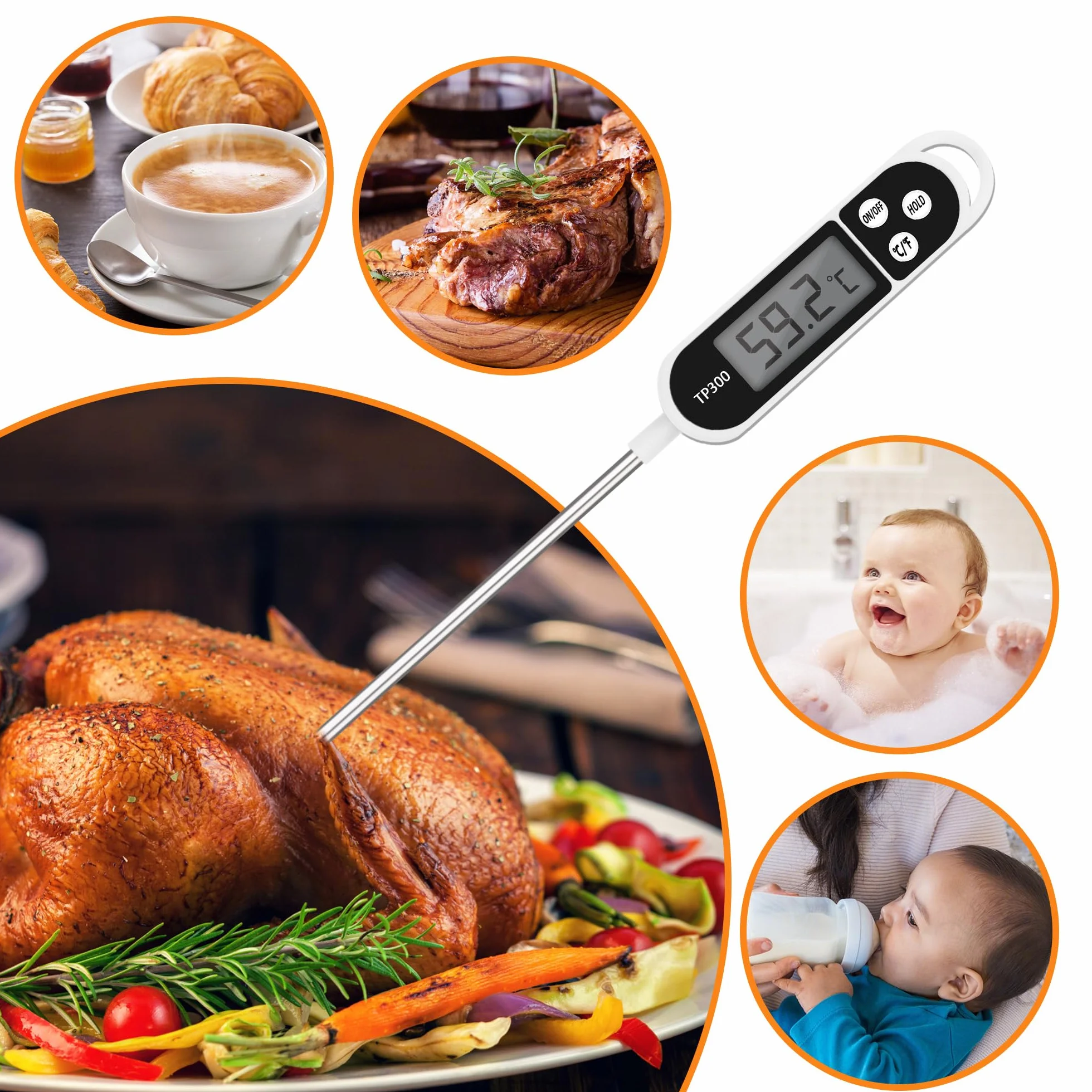 Cyfrowy termometr kuchenny, termometr kuchenny LCD z długą sondą, natychmiastowy odczyt, domowy termometr do grillowania, grillowania, mleka, mięsa, wody (-50°C do +300°C)