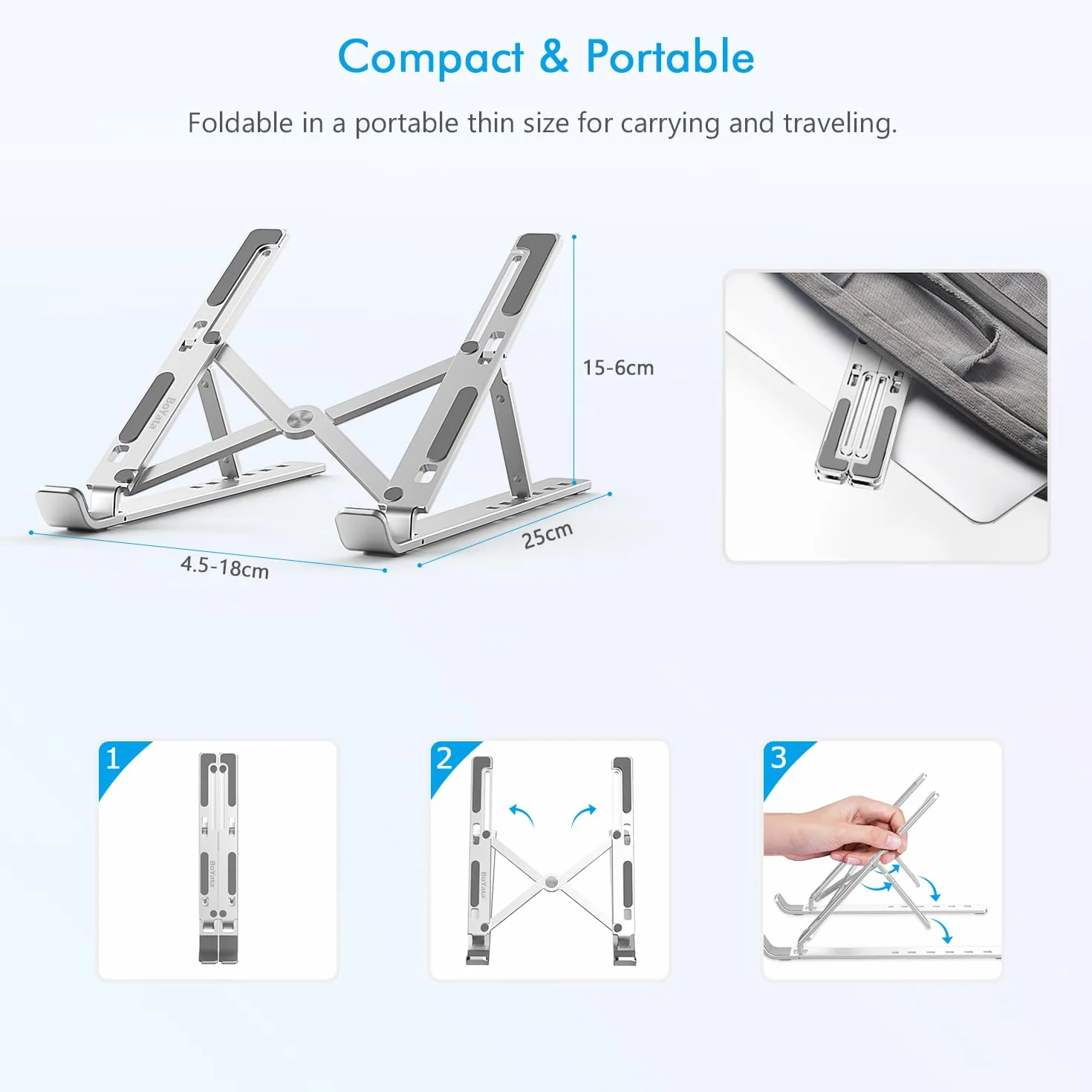 BoYata Stojak na laptopa, 6 stopni regulacji wysokości, przenośny uchwyt na laptopa na biurko, składany, aluminiowy riser, kompatybilny z MacBook Air, Dell XPS, większością laptopów 10-15,6 cala