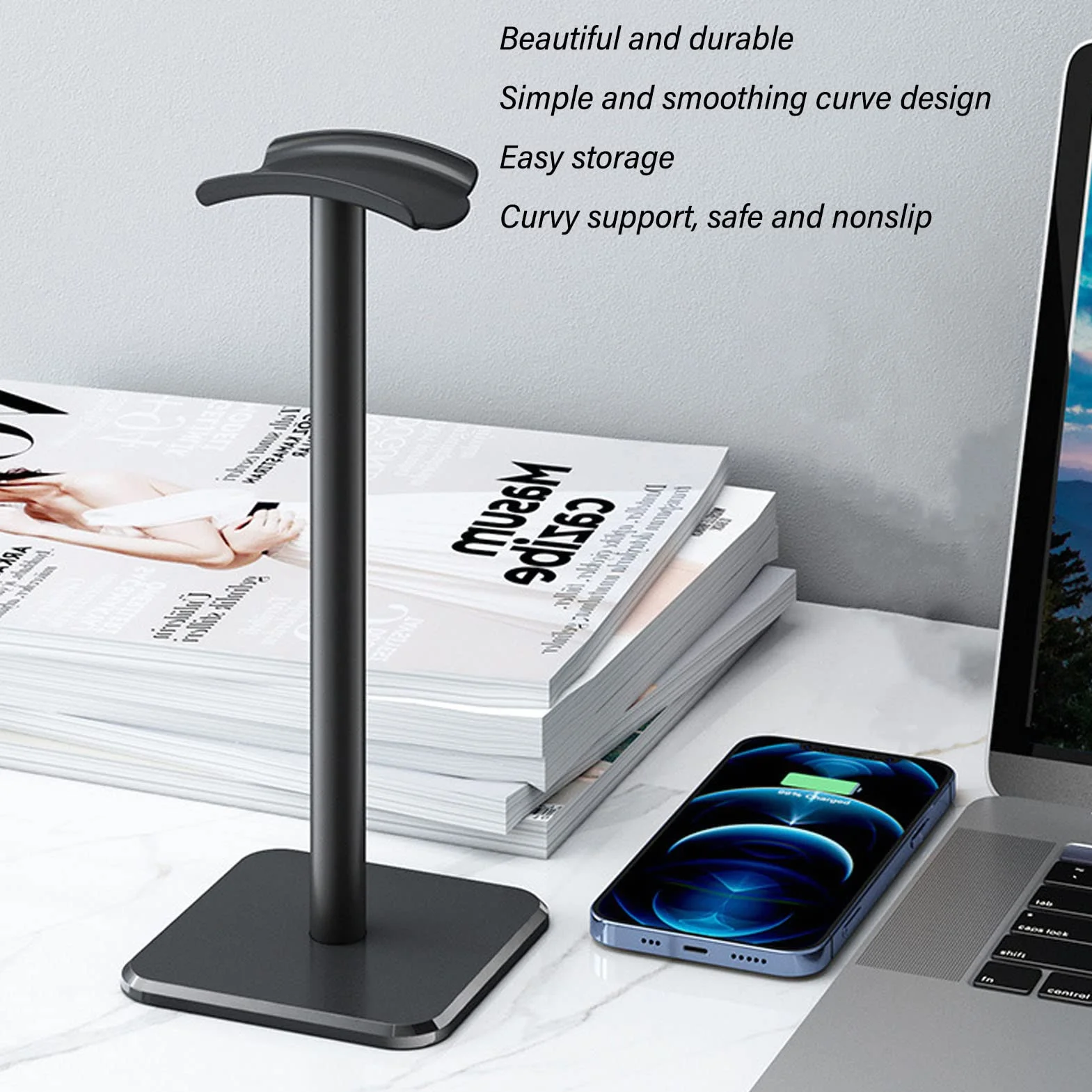 Stojak na Słuchawki Aluminiowy na Biurko, Uchwyt z Solidną Podstawą TPU do AirPods Max, HyperX, Łatwy w Instalacji (Czarny)