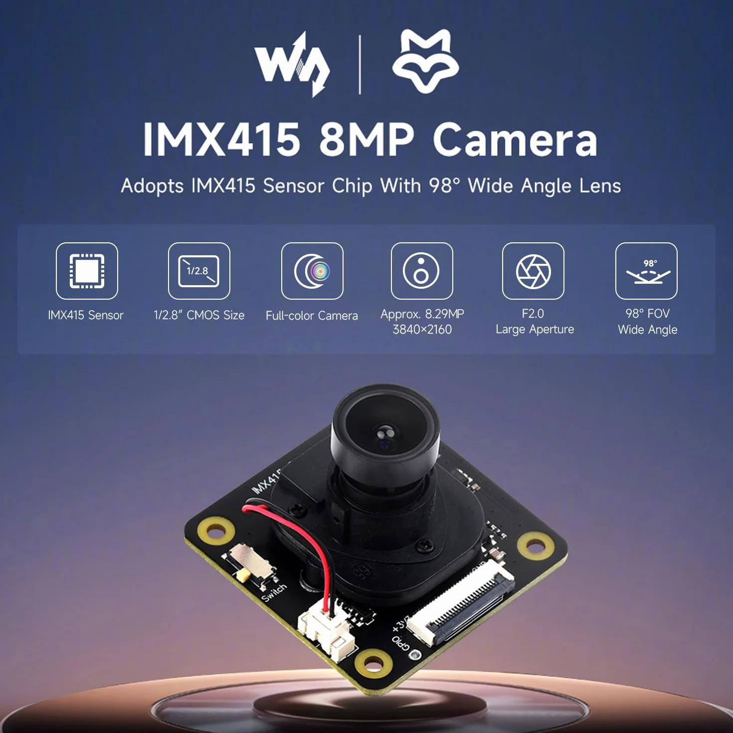 Waveshare IMX415 8MP Camera Module, Adopts IMX415 Sensor Chip with 98° Wide Angle Lens, Good Low Light Performance, and Low Distortion, Suitable for AI applications