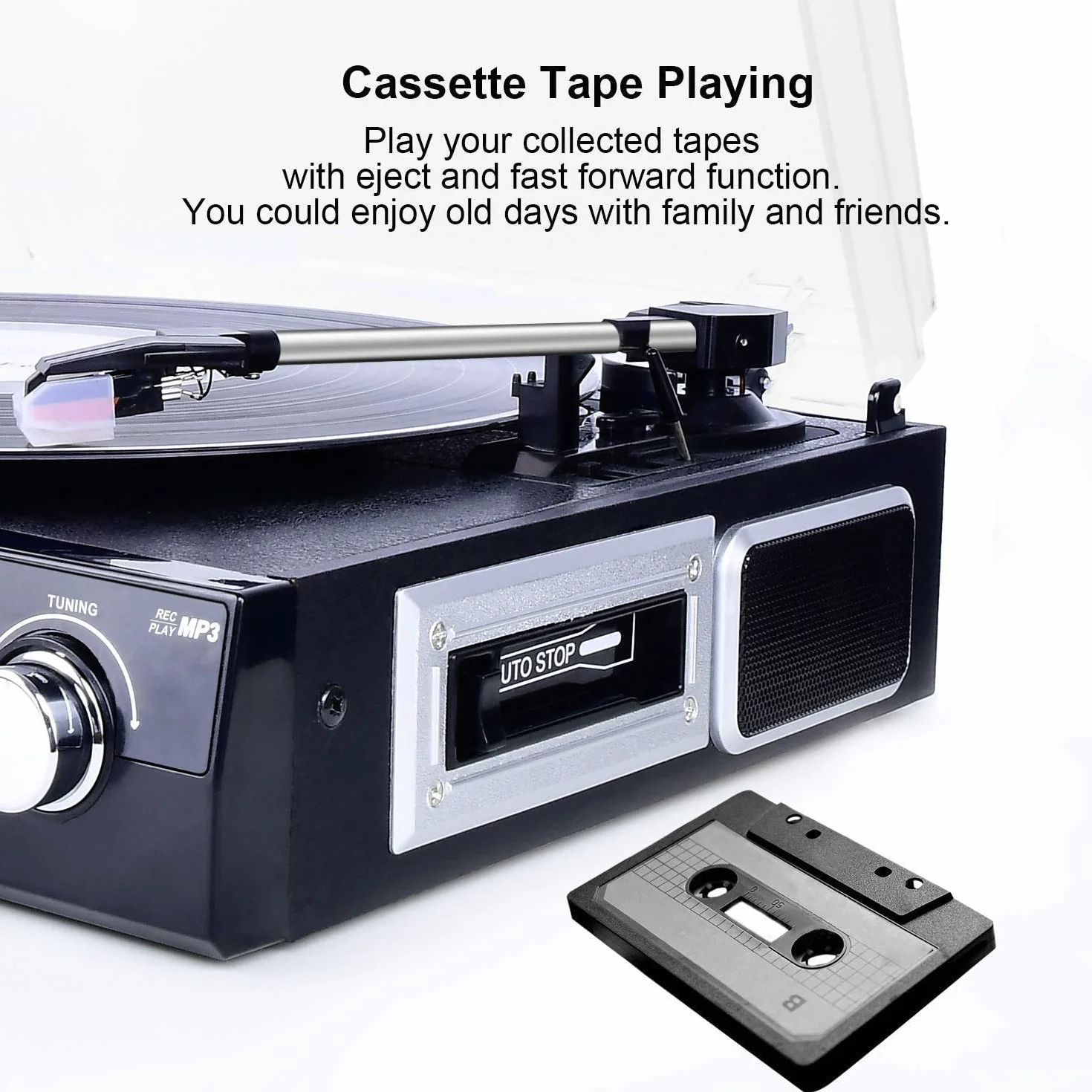 DIGITNOW! Gramofon winylowy Bluetooth, gramofon z głośnikami stereo, obsługuje kasetę, radio AM/FM, kodowanie USB z winylu do MP3