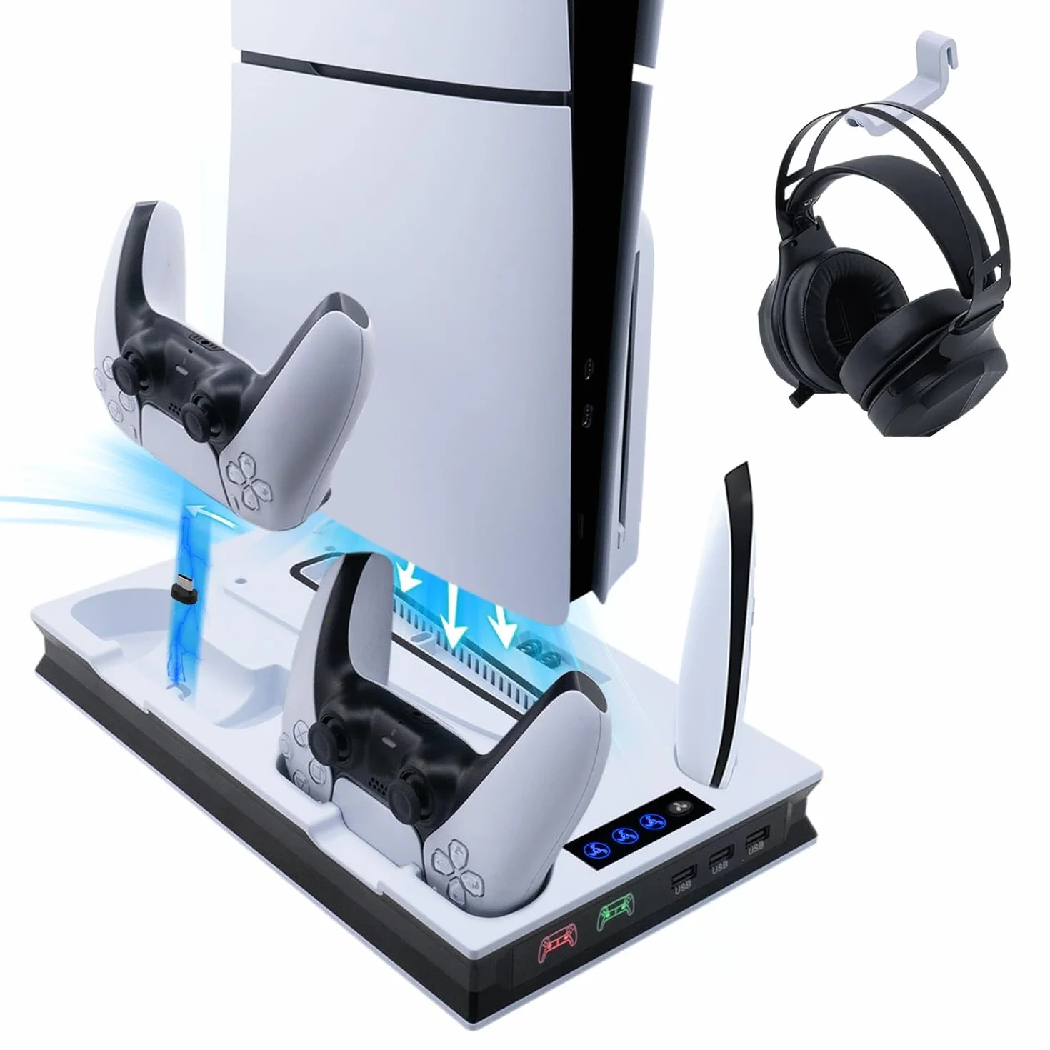 Wigearss Pionowy stojak na wentylator PS5 Slim z podwójnym kontrolerem, ładowarka do PS5/PS5 SlimPS5 PRO UHD/Digital Edition/
