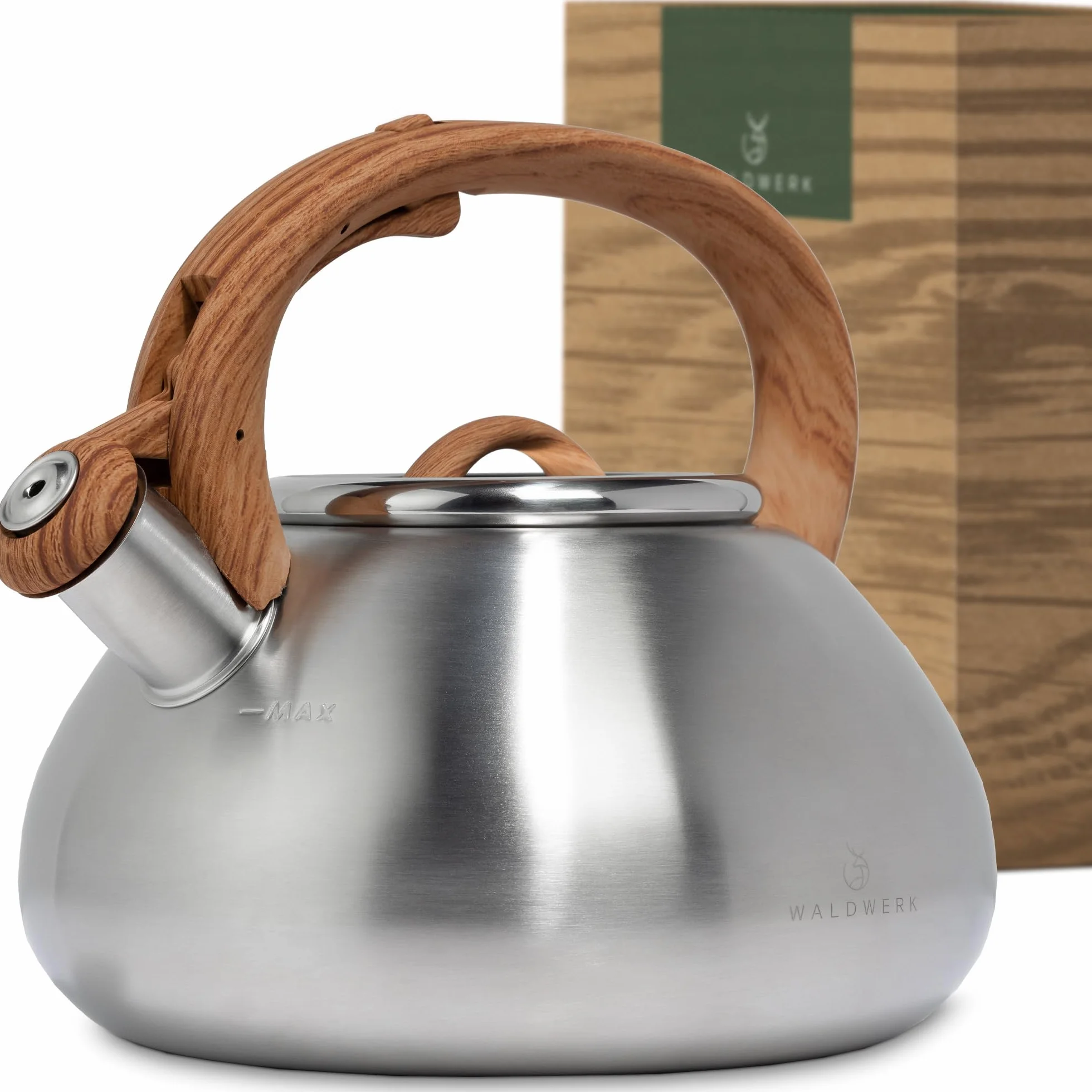 WALDWERK Czajnik (2,3 l) – czajnik do kuchenek indukcyjnych i gazowych – czajnik do herbaty z uchwytem o wyglądzie drewna – czajnik z gwizdkiem, stal nierdzewna i tworzywo sztuczne