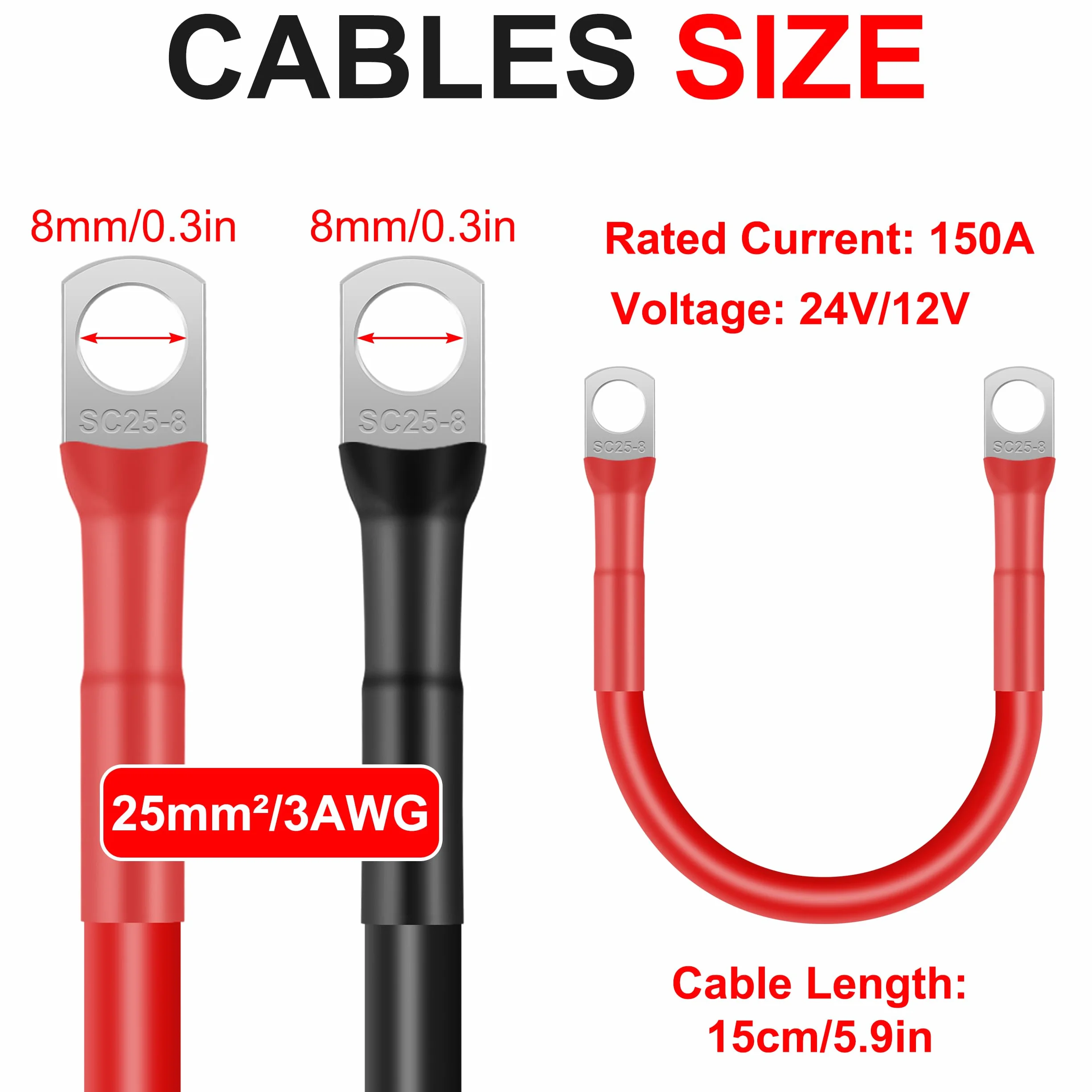QIMEI-SHOP 2 x kabel do akumulatora samochodowego, 15 cm, 25 mm², kabel do akumulatora 3 AWG, 12 V, z M8, zaczepy, do samochodów ciężarowych, motocykli, morskich, słonecznych, czarny i czerwony