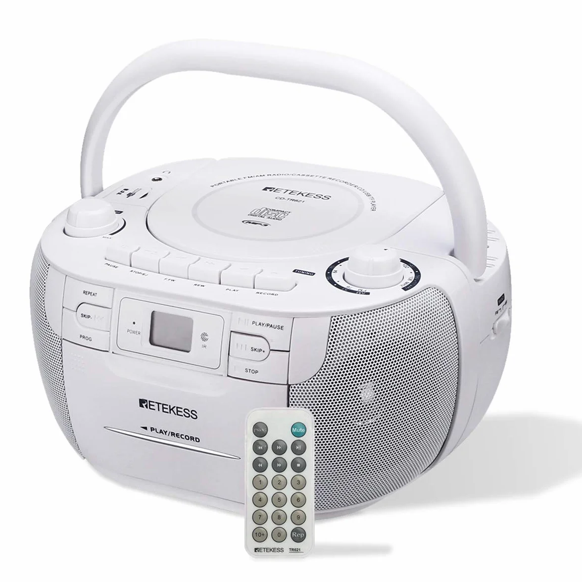 Retekess TR621 Przenośny Odtwarzacz CD Boombox Stereo z Radiem AM FM, Odtwarzacz Kasetowy, Magnetofon Kasetowy, Obsługa USB/TF/Słuchawek, z Pilotem (Biały)
