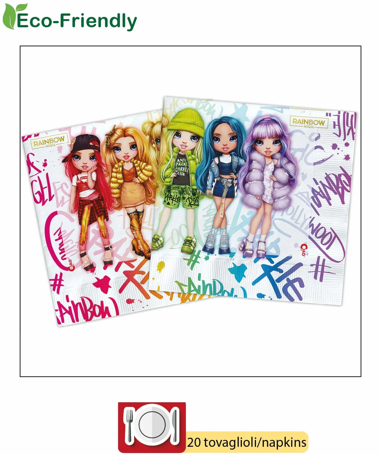 Ciao AZ025 Rainbow High Zawartość 8 naczyń Ø18cm 8 szklanek 200ml 20 serwetek 33x33cm