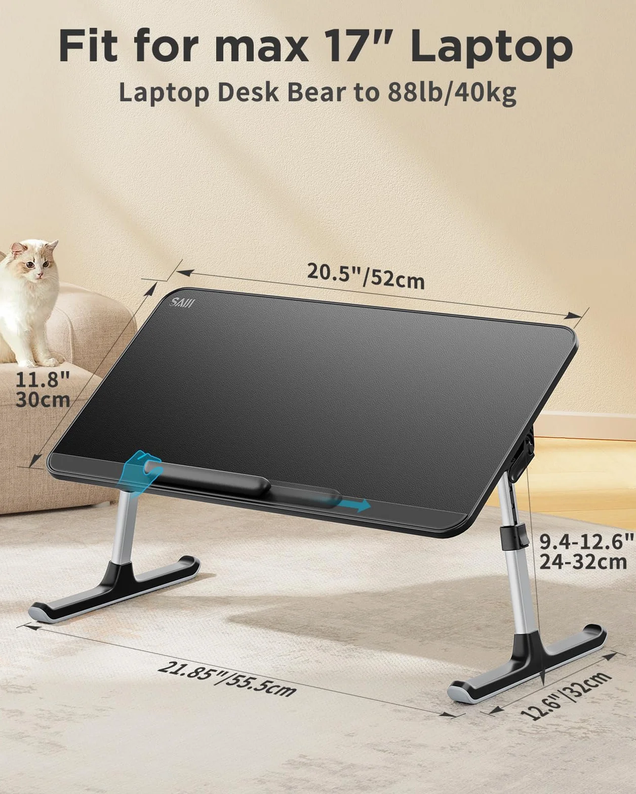 Biurko na kolano, stolik do łóżka, grube, stabilne nóżki, regulacja wysokości i kąta, wystarczająca ilość miejsca na mysz, laptop do 17 cali, do biura domowego, śniadania, gabinetu (czarny, 52 x 30 cm