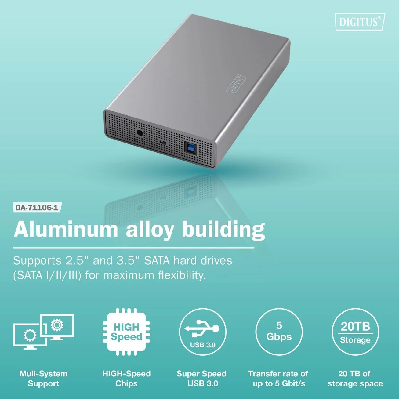 DIGITUS Obudowa dysku twardego – USB 3.2 Gen1 – 5 Gbit/s – do 3,5 i 2,5 cala SATA HDD i SSD – do dysków twardych do 16 TB – obudowa aluminiowa – szara