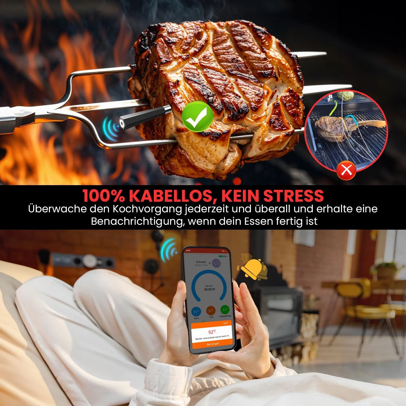 Termometr do mięsa Bluetooth 150m podwójny czujnik cyfrowy z aplikacją do grilla pieczenia BBQ (Czarny)