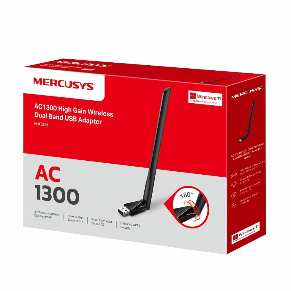 Mercusys MA30H AC1300 Dwupasmowy Adapter USB WiFi | 867 Mb/s (5 GHz) + 400 Mb/s (2.4 GHz) | Antena o Wysokim Zysku z Regulacją | MU-MIMO | Zabezpieczenie WPA3 | Plug & Play | Windows 10/11