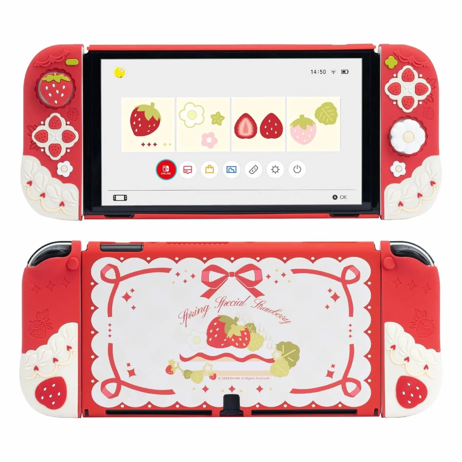 GeekShare Miękkie silikonowe etui ochronne do Switch OLED Odporne na zarysowania, smukłe etui kompatybilne z Switch OLED Oddzielna powłoka ochronna z 2 nakładkami na kciuki - truskawki ze śmietanką