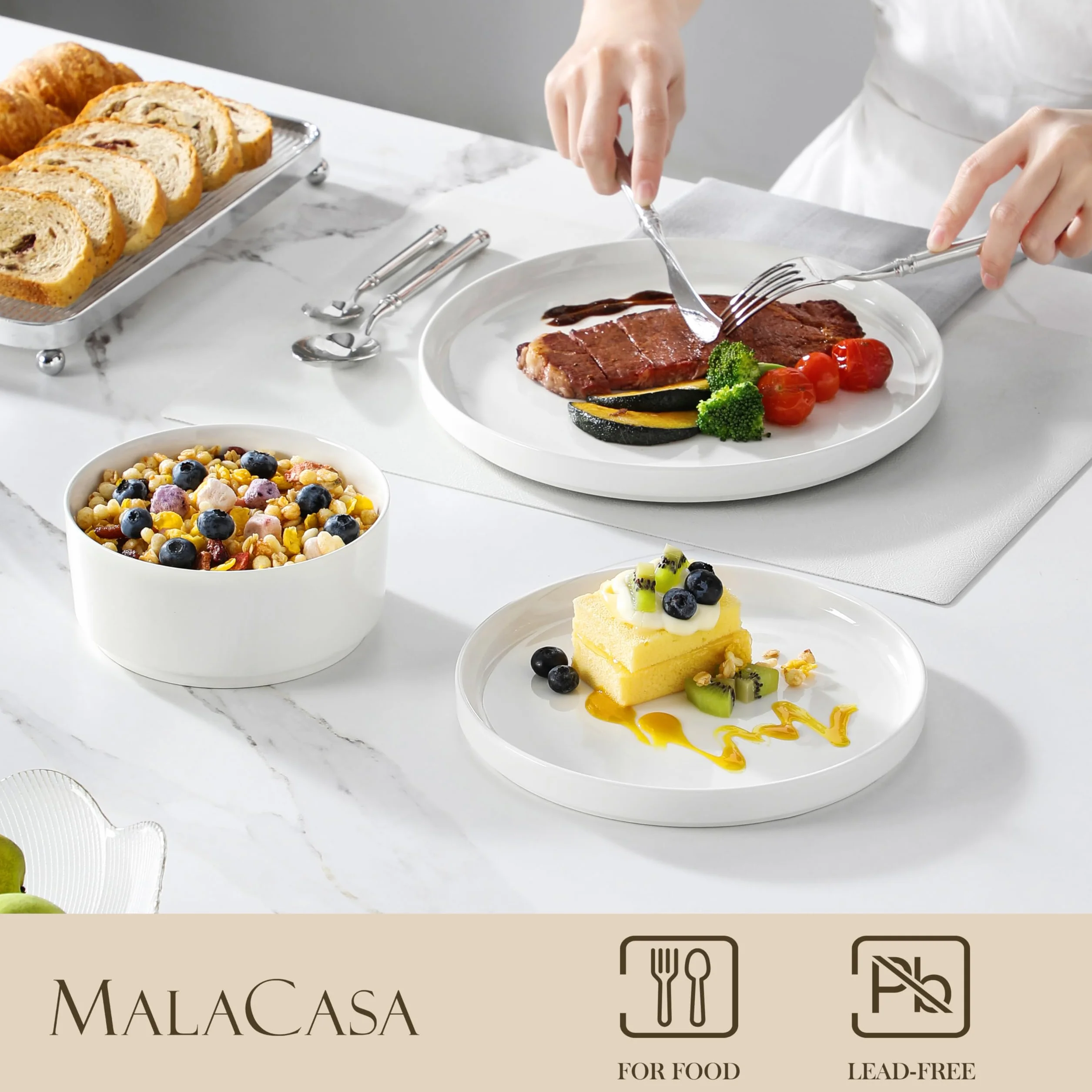MALACASA Zestaw obiadowy dla 6 osób, 18-częściowy porcelanowy zestaw obiadowy - talerze, miski, talerze sałatkowe, miski na płatki - biała seria Leah