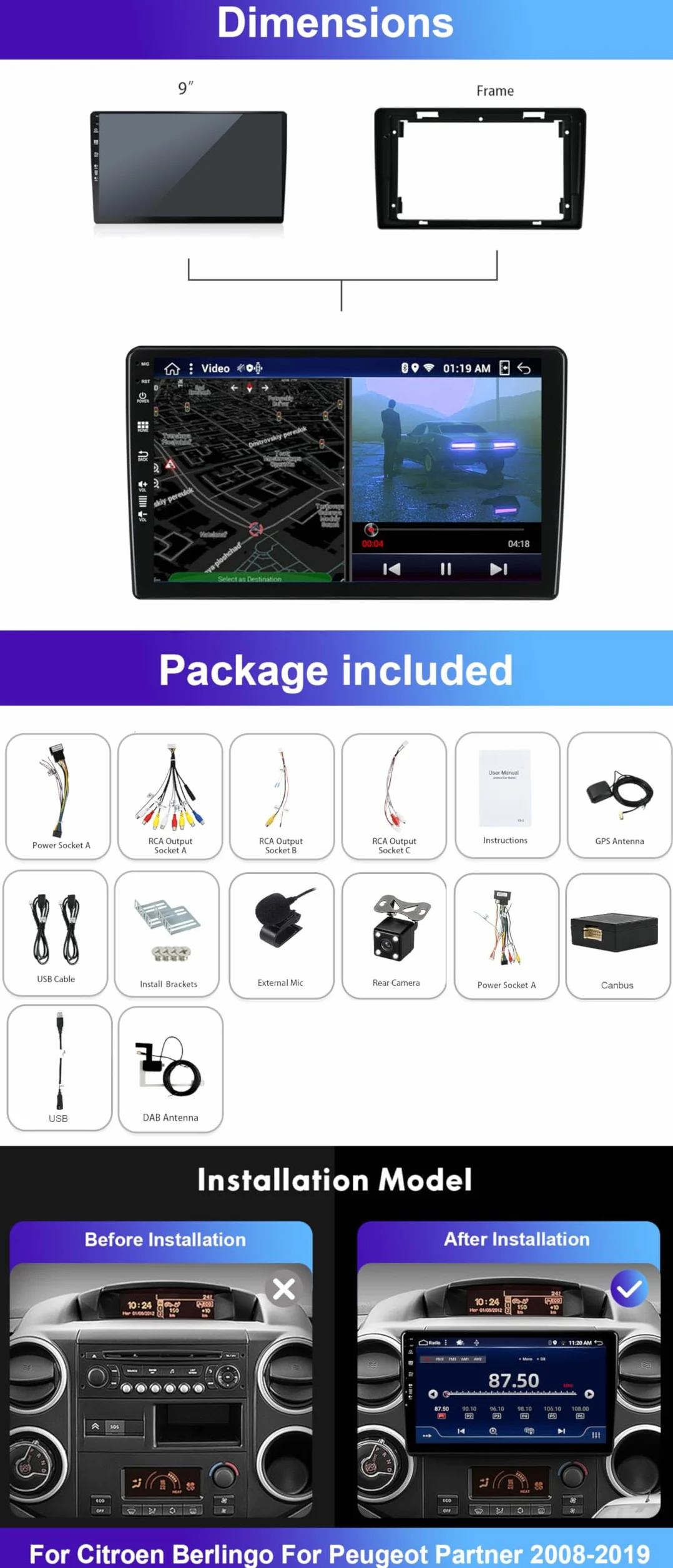 DAB+/4G podwójne DIN Android radio samochodowe do Citroen Berlingo/Peugeot Partner 2008-2019 GPS nawigacja Carplay Android Auto Fast Boot-360 kamera WiFi RDS FM-6+128G