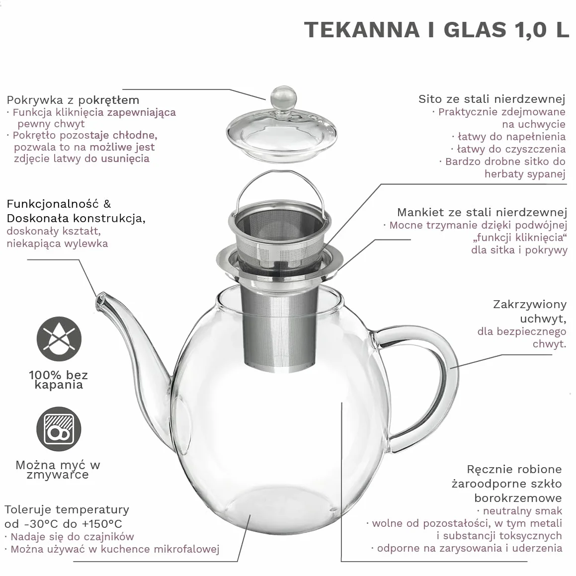 Creano Czajniczek ze szkła z wyjmowanym zaparzaczem do herbaty ze stali nierdzewnej, zawiera 2 kwitnące herbaty, 1000 ml