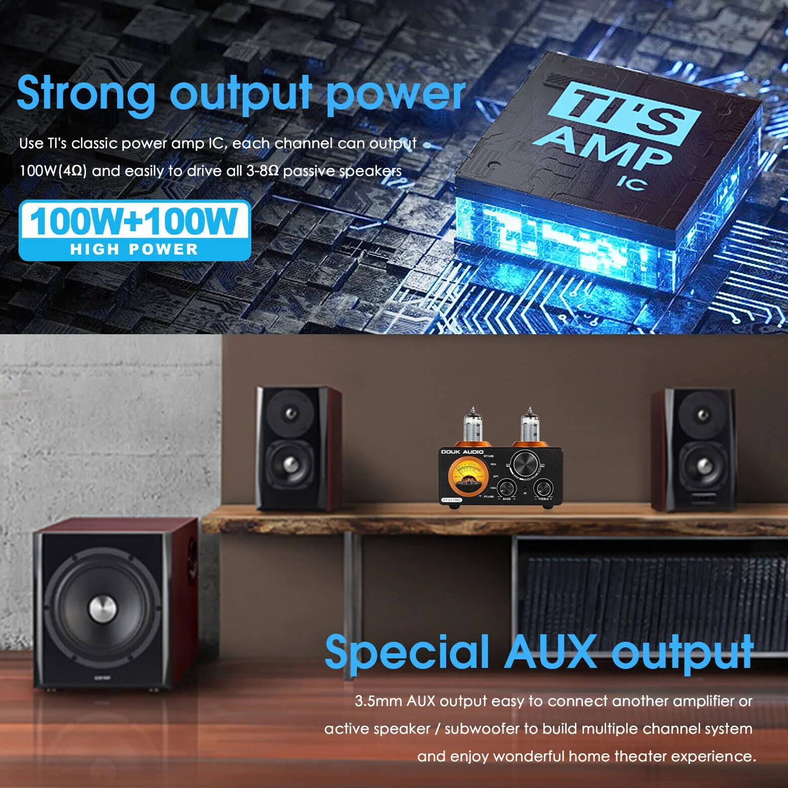 Douk Audio ST-01 PRO wzmacniacz HiFi, 200W mini wzmacniacz lampowy z Bluetooth 5.0, miernik VU, DAC USB wejście koncentryczne/optyczne (ST-01PRO)