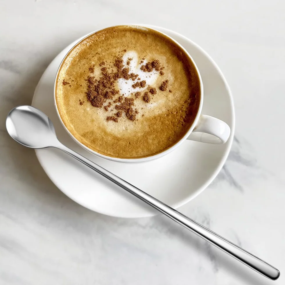 Zestaw łyżek do latte macchiato, 8 sztuk, 24 cm, długi trzonek, łyżki do mieszania ze stali nierdzewnej, łyżki deserowe, długa łyżeczka do mrożonej kawy, mrożonej herbaty, koktajli mlecznych