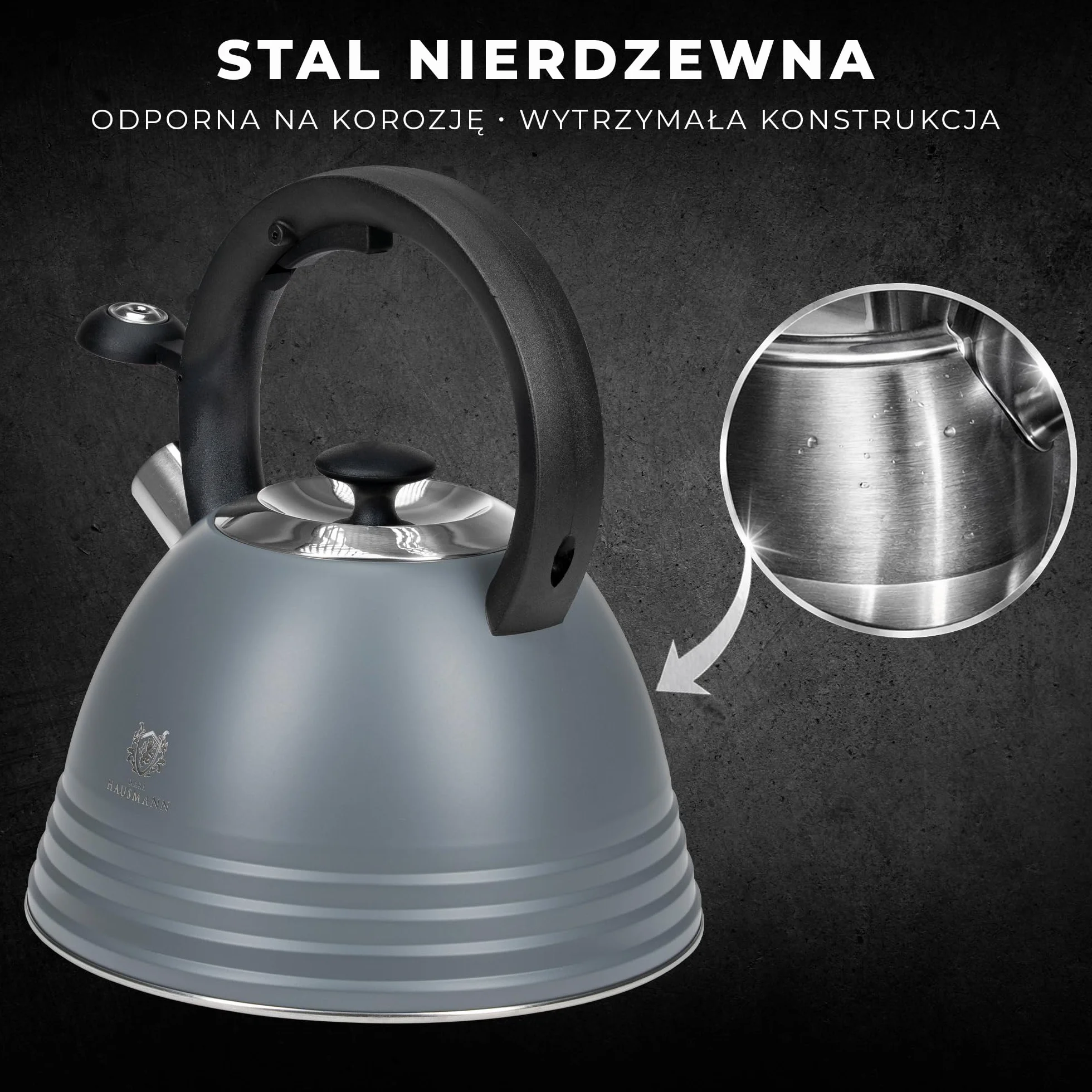KARL HAUSMANN Czajnik Stalowy - 3L - na Kuchenkę Indukcyjną, Gazową i Elektryczną - Uchwyt Cool-Touch - do Herbaty, Kawy - z Gwizdkiem i Pokrywką - Odporny na Zarysowania