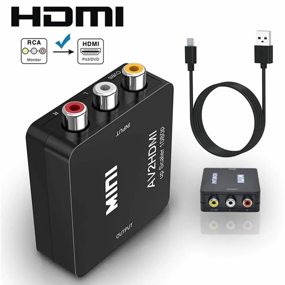 konwerter RCA na HDMI, konwerter wideo 1080P RCA Composite CVBS AV na HDMI, adapter audio-wideo dla PS2/Xbox/SNES/VHS/VCR magnetowidów DVD, obsługuje PAL/NTSC z kablem zasilającym USB