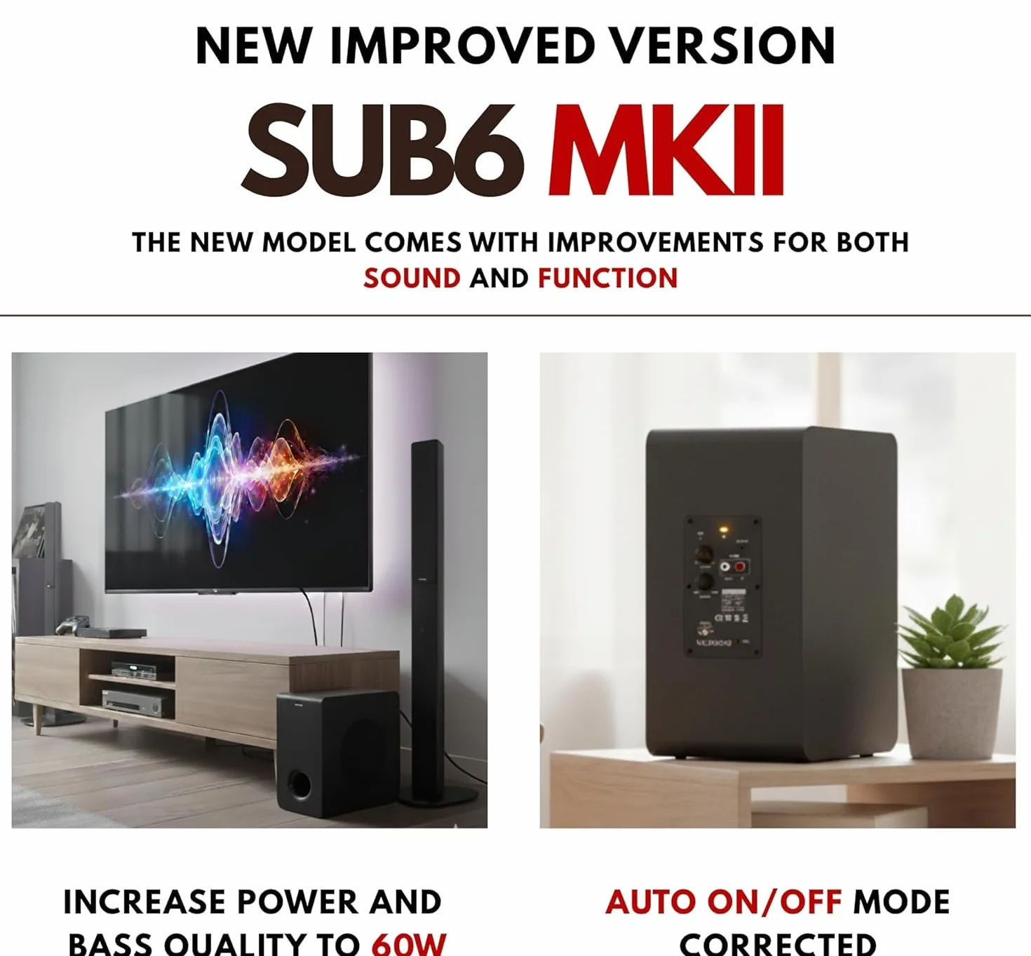VULKKANO SUB6 MKII 6-calowy kompaktowy subwoofer aktywny z głębokim basem i eleganckim wyglądem do kina domowego, muzyki i gier wideo, częstotliwości 50Hz do 200Hz