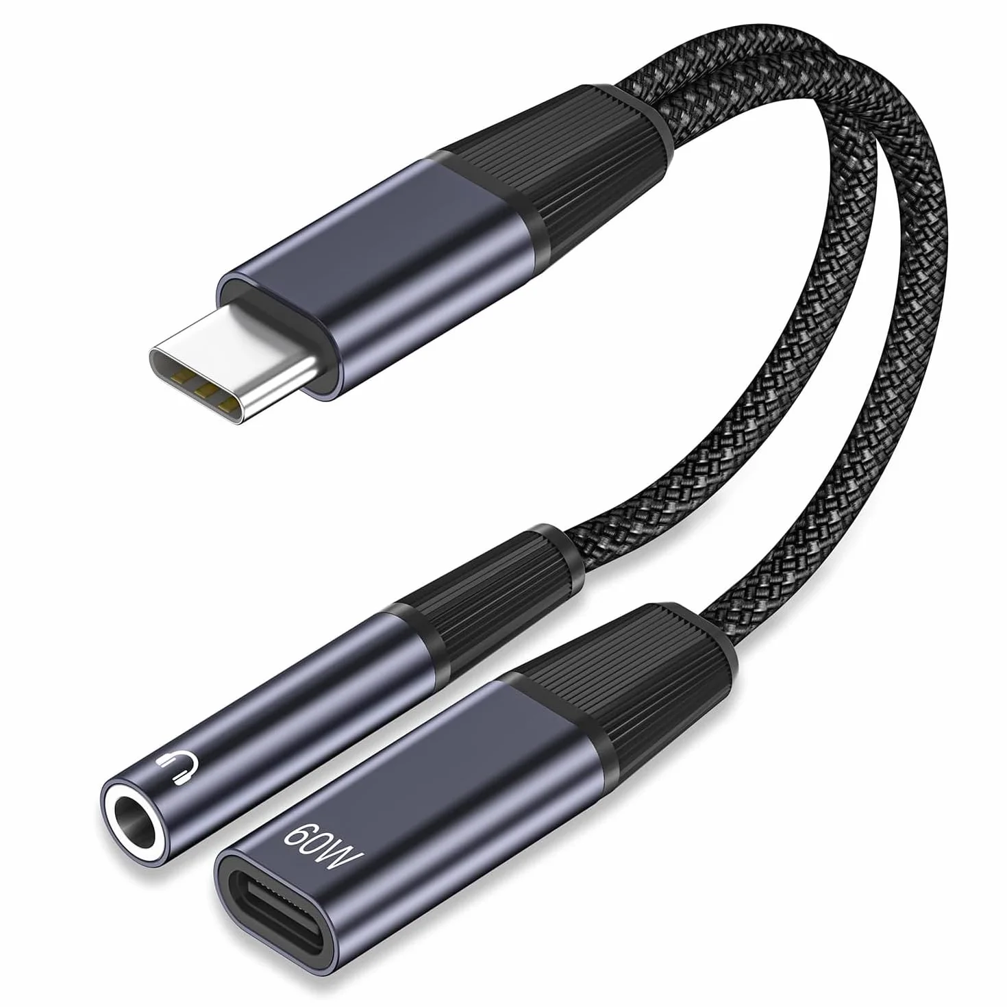 Adapter 2 w 1 USB C na gniazdo 3,5 mm, adapter typu C na gniazdo 3,5 mm i rozdzielacz szybkiego ładowania 60 W, złącze Aux USB C to 3.5 dla iPhone 17 16 15 Pro, Sumsung S24/S23/S22/S21, Pixel 9 8 7