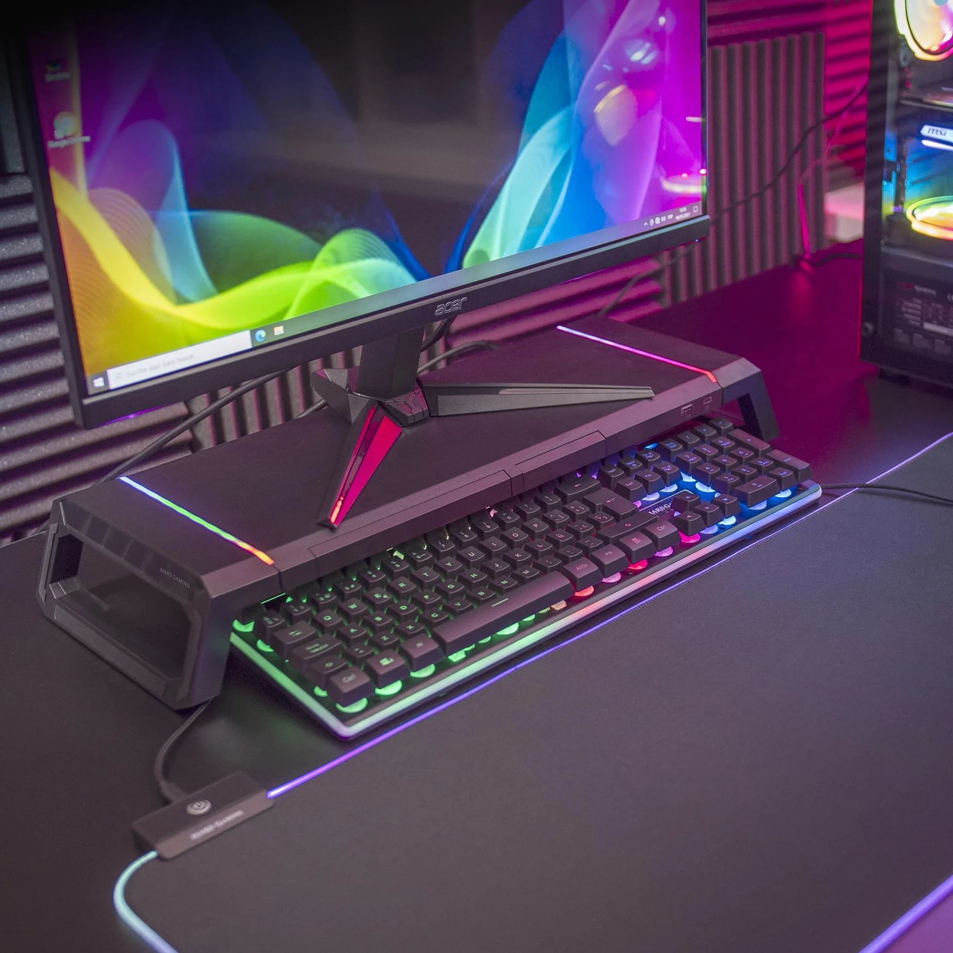 Mars Gaming MGS-ONE Czarny, Podstawka Monitor Chroma RGB, Regulowany Rozmiar, Podstawka Smartfon i Tablet, Przednie USB 2.0