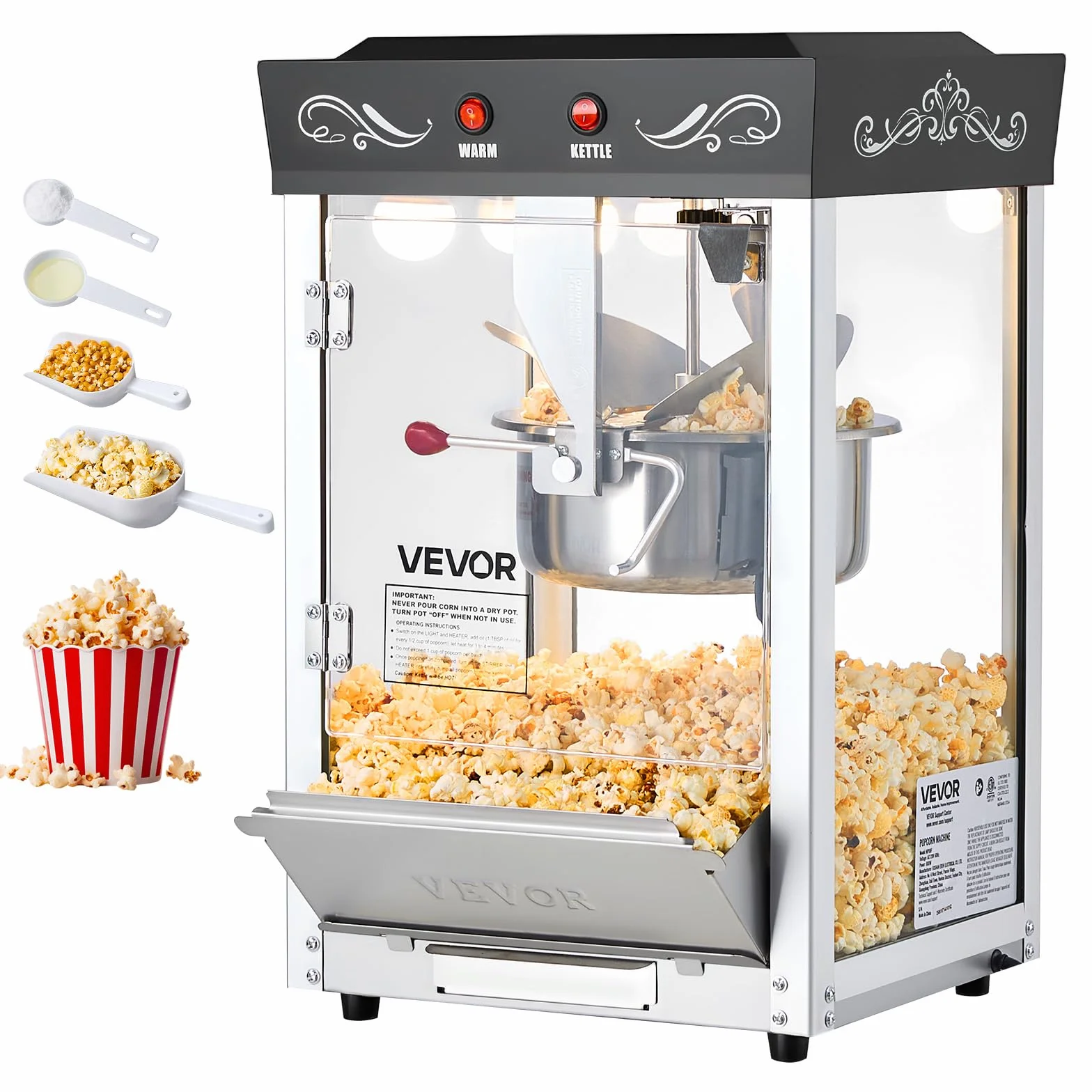 VEVOR Maszyna do popcornu ze stali nierdzewnej 800 W komercyjna 48 filiżanek