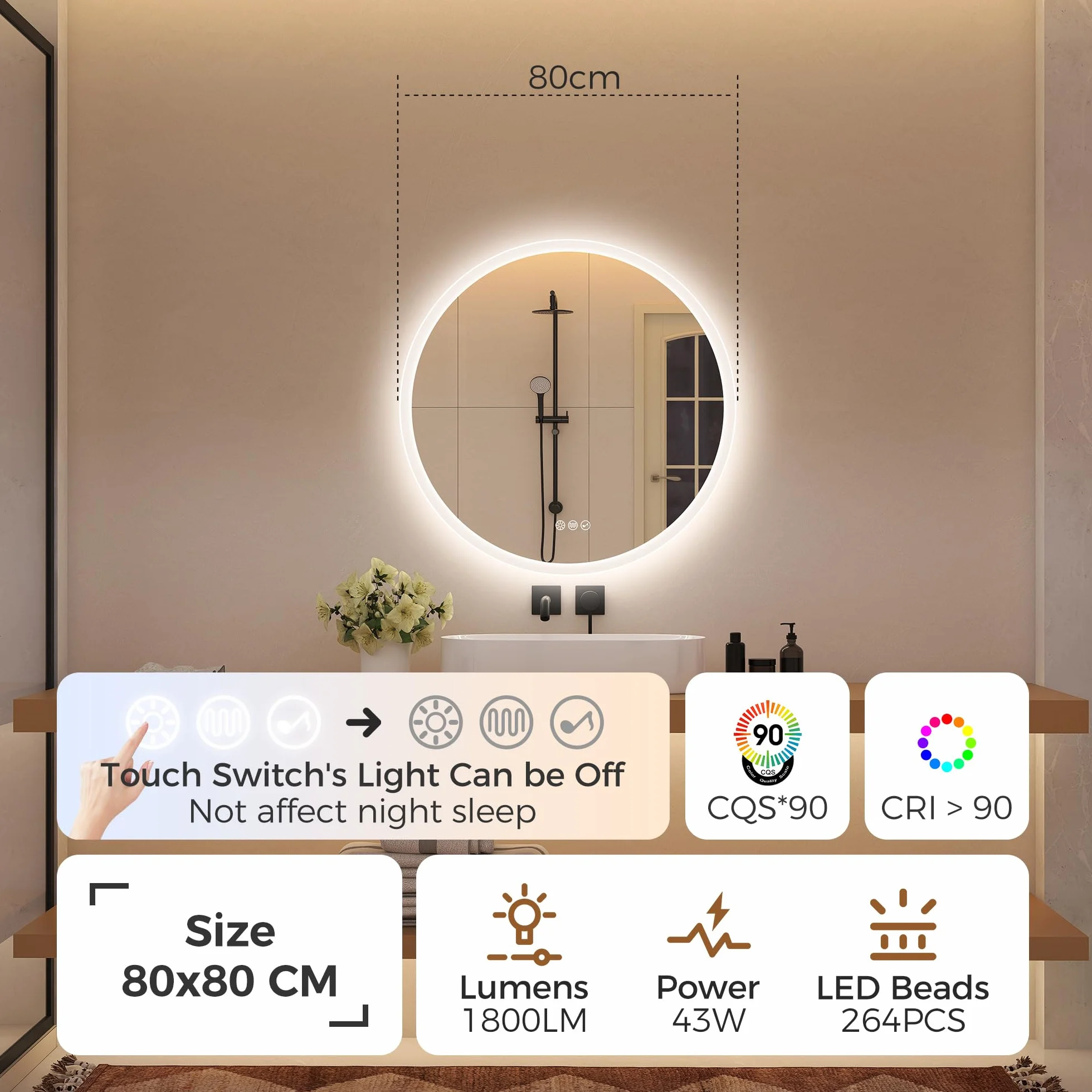 STARLEAD Okrągłe lustro łazienkowe 80 cm z oświetleniem Bluetooth przyciemnianiem 3 temperatury barw przeciwmgielne IP44