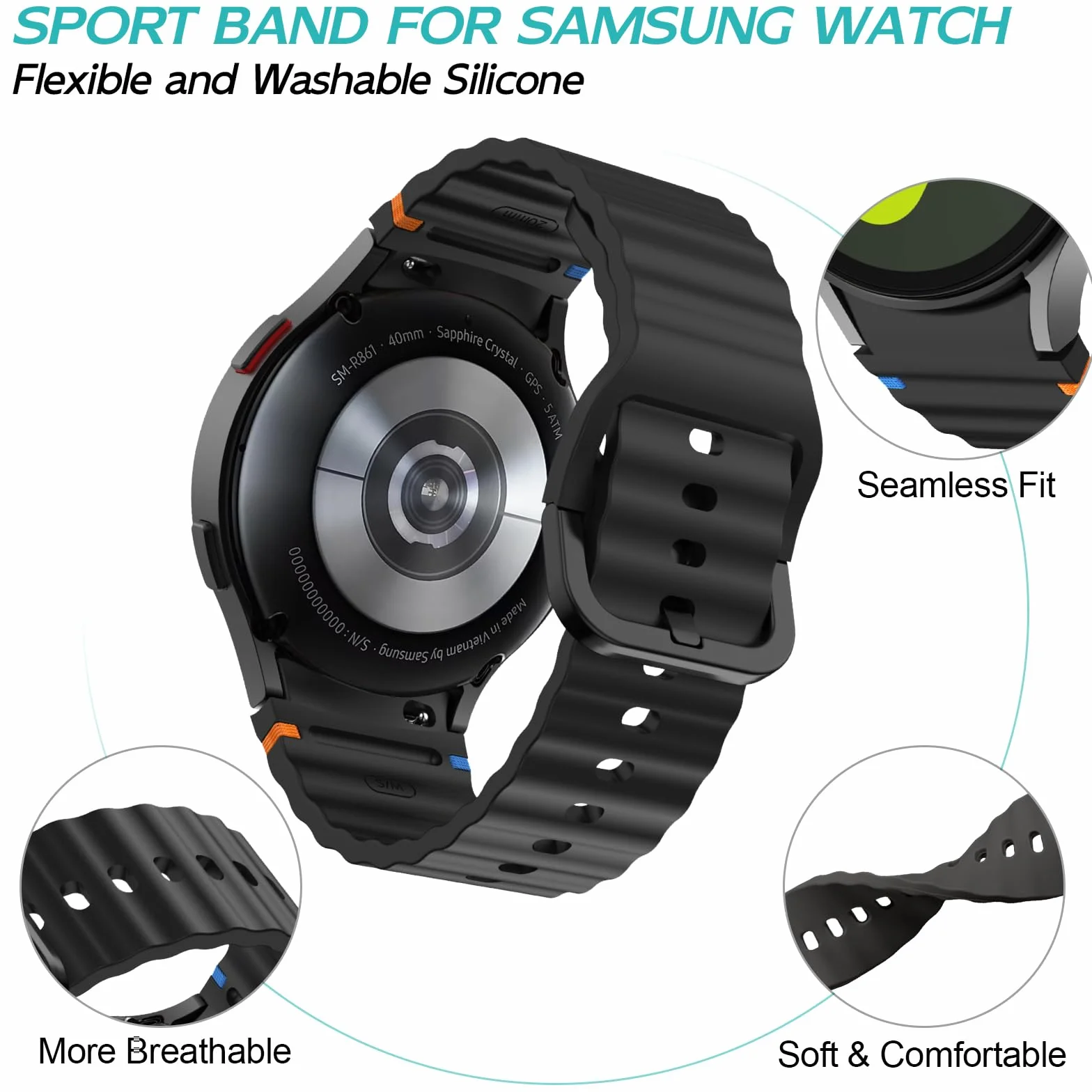 Samsung Galaxy Watch 5, 20 mm, silikonowe, sportowe paski do Galaxy Watch 5, 40 mm, 44 mm, Galaxy Watch 5 Pro 45 mm, Galaxy Watch 6, 40 mm, 44 mm, Galaxy Watch 6 Classic, 43 mm, 47 mm, Galaxy Watch 4