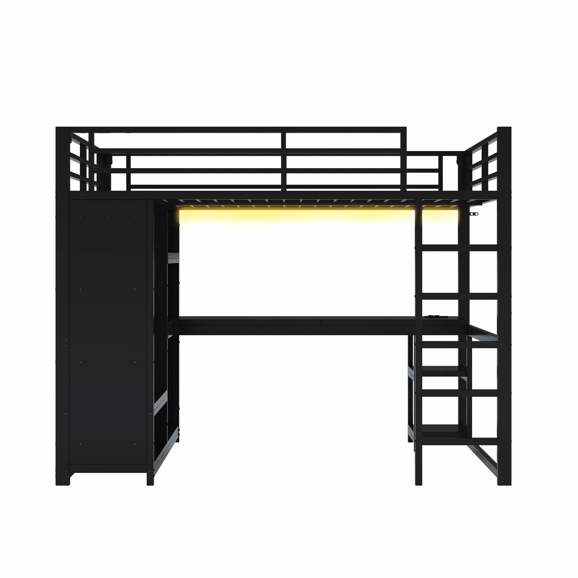 Metalowe Łóżko Piętrowe 140x200 cm z Efektem LED, Łóżko z Biurkiem i Prostymi Schodkami, Otwartą Szafą na Ubrania i Wieloma Przegrodami, Łóżko dla Młodzieży w Stylu Gamingowym, Czarne