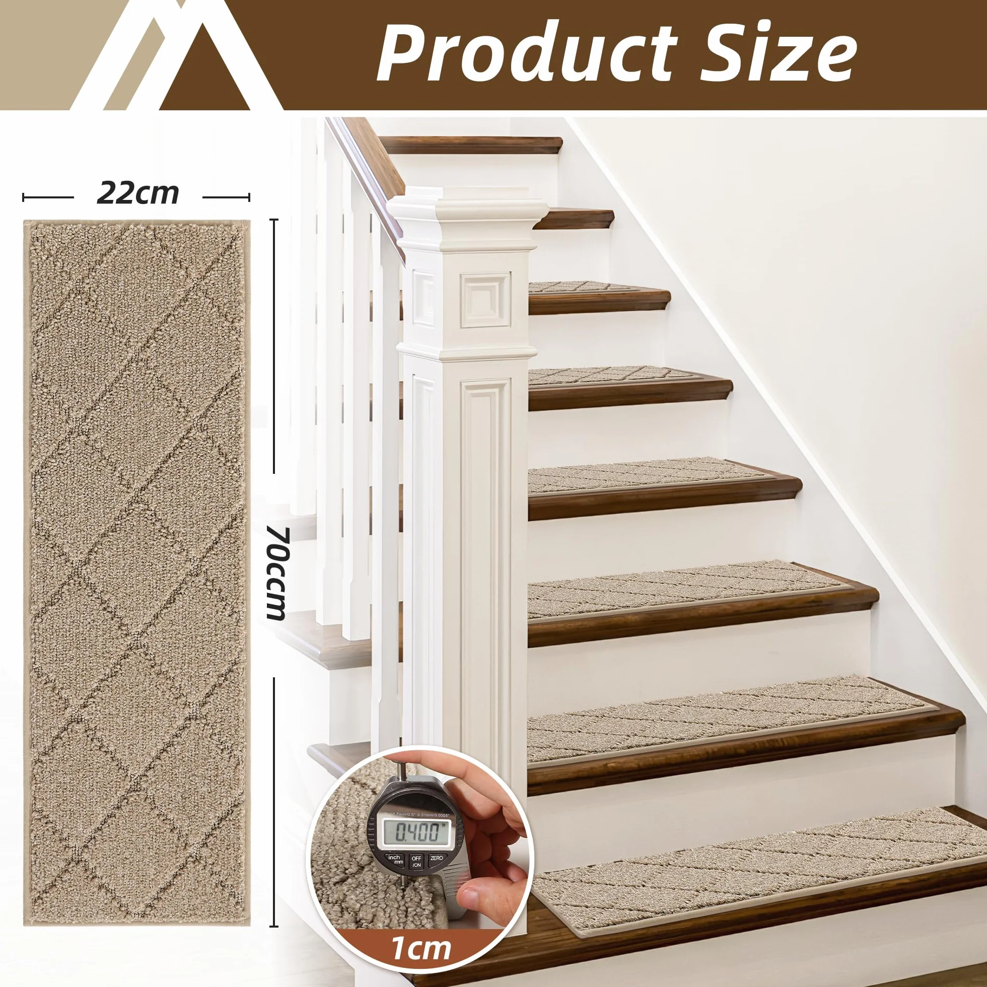 COSY HOMEER 15 sztuk mat na schody 70 x 22 cm, antypoślizgowe maty na schody, samoprzylepne, można prać w pralce, 100% poliester, plecy z TPE, idealne dla dzieci, seniorów i zwierząt domowych, beżowe