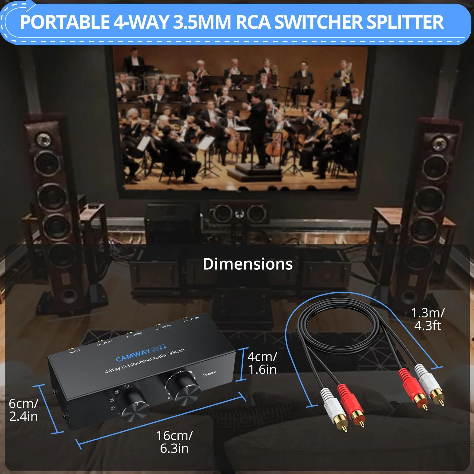 CAMWAY 4 (1) In-1(4) Out RCA L/R Stereo Audio Switch, dwukierunkowy przełącznik audio z przyciskiem głośności / wyłączania, pasywny przełącznik stereo AUX do głośników, słuchawek, wzmacniacza