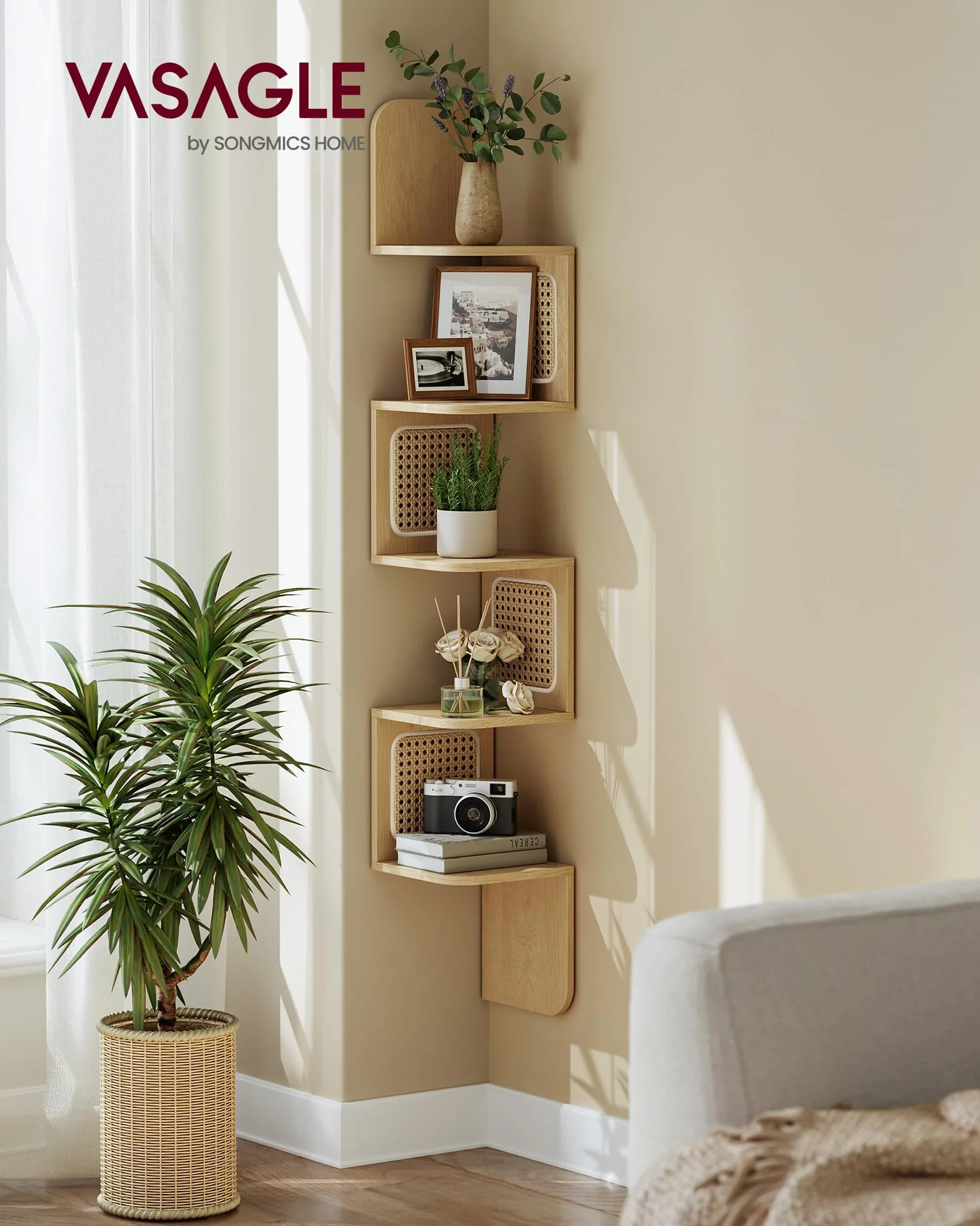 VASAGLE Półka narożna 5-poziomowa pływająca ścienna Kształt zygzaka Rattan PVC Boho Dąb Beżowy