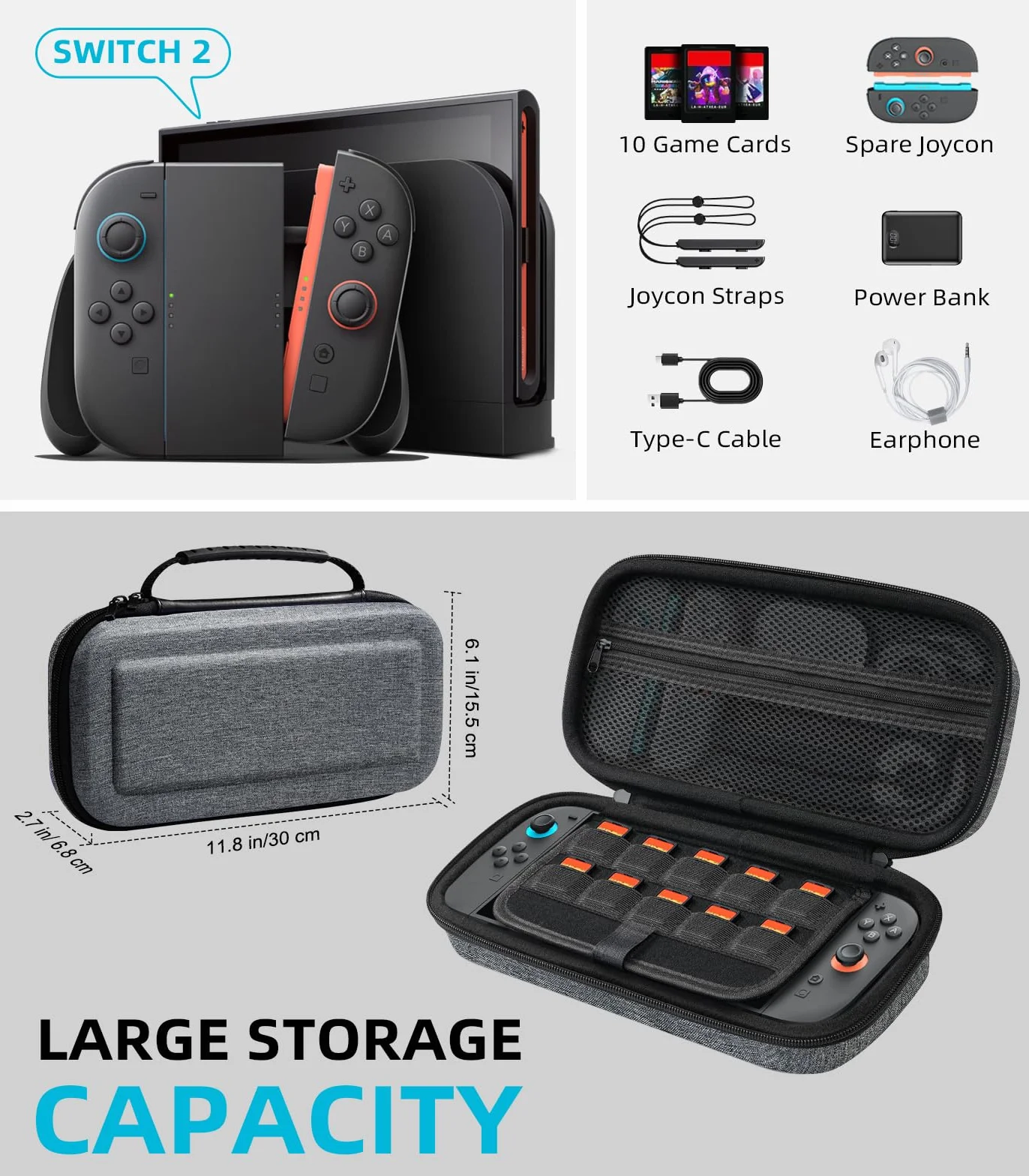 TiMOVO Carrying Case for Nintendo Switch 2 (2025), Large Capacity Protective Hard Shell Portable Travel Case Pouch for Switch 2, with 10 Game Card Slots and Pockets for Console & Accessories, Gray