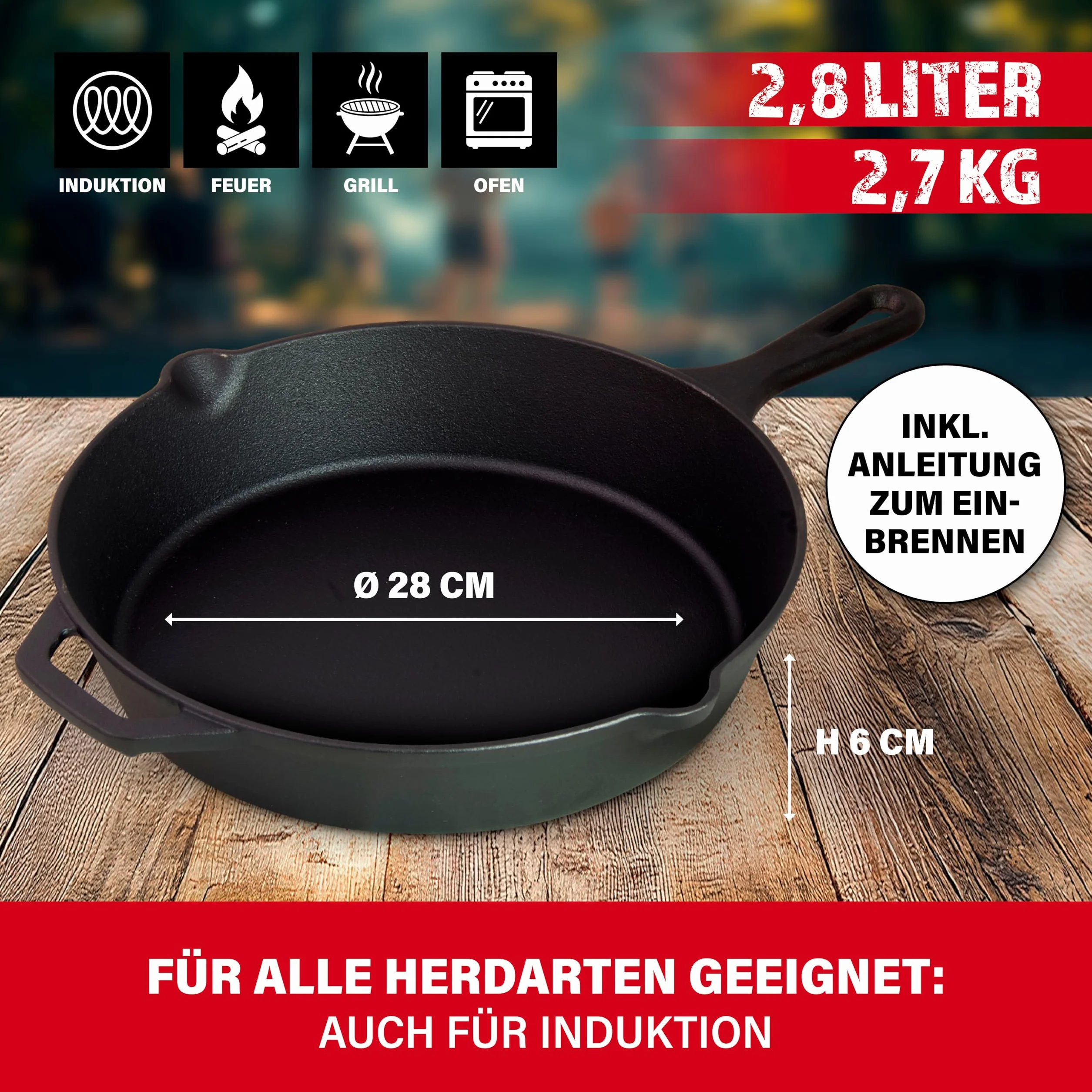 BBQBOSS Żeliwna patelnia 28 cm [2,8 litra] patelnia żelazna – cast iron pan – frying pan – indukcja – patelnia żeliwna – do grilla gazowego – do grilla węglowego